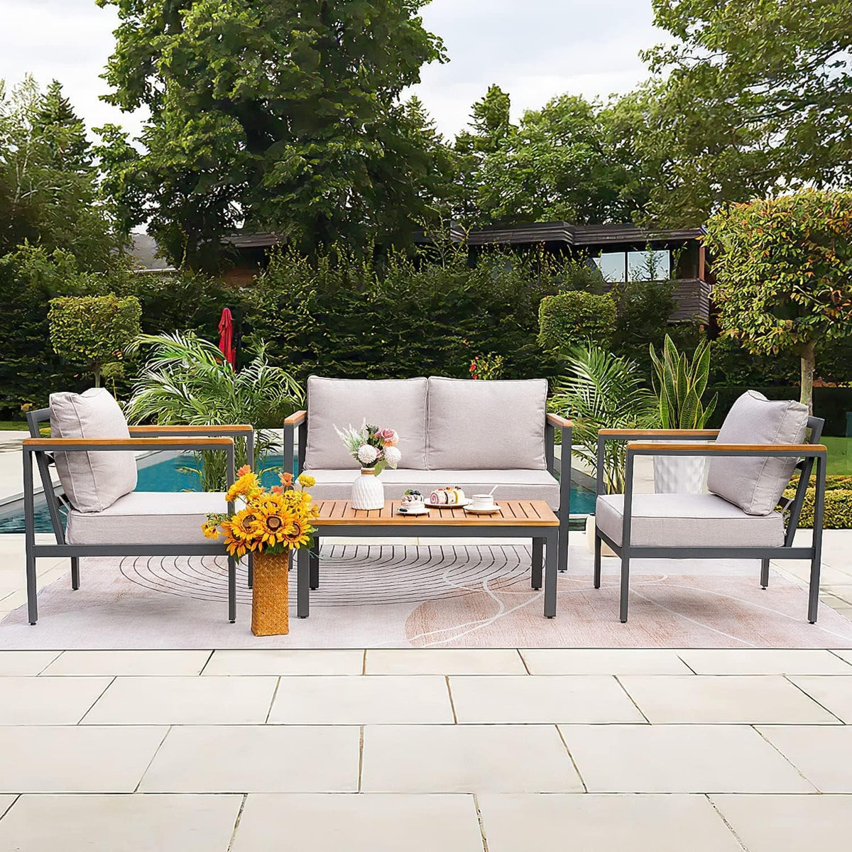Beige 4 Piece Outdoor Patio Furniture Set With Acacia And Metal Coffee Table