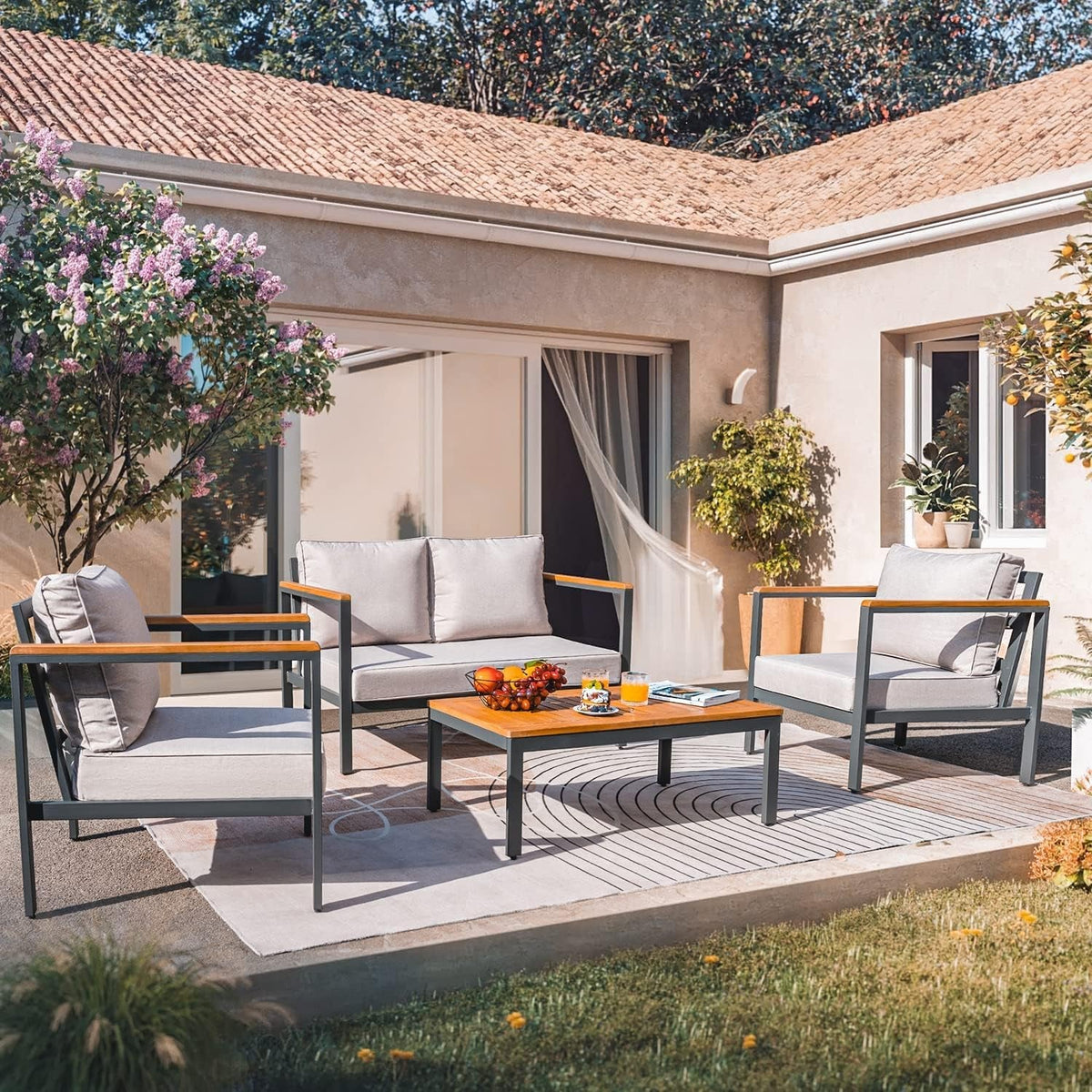 Beige 4 Piece Outdoor Patio Furniture Set With Acacia And Metal Coffee Table