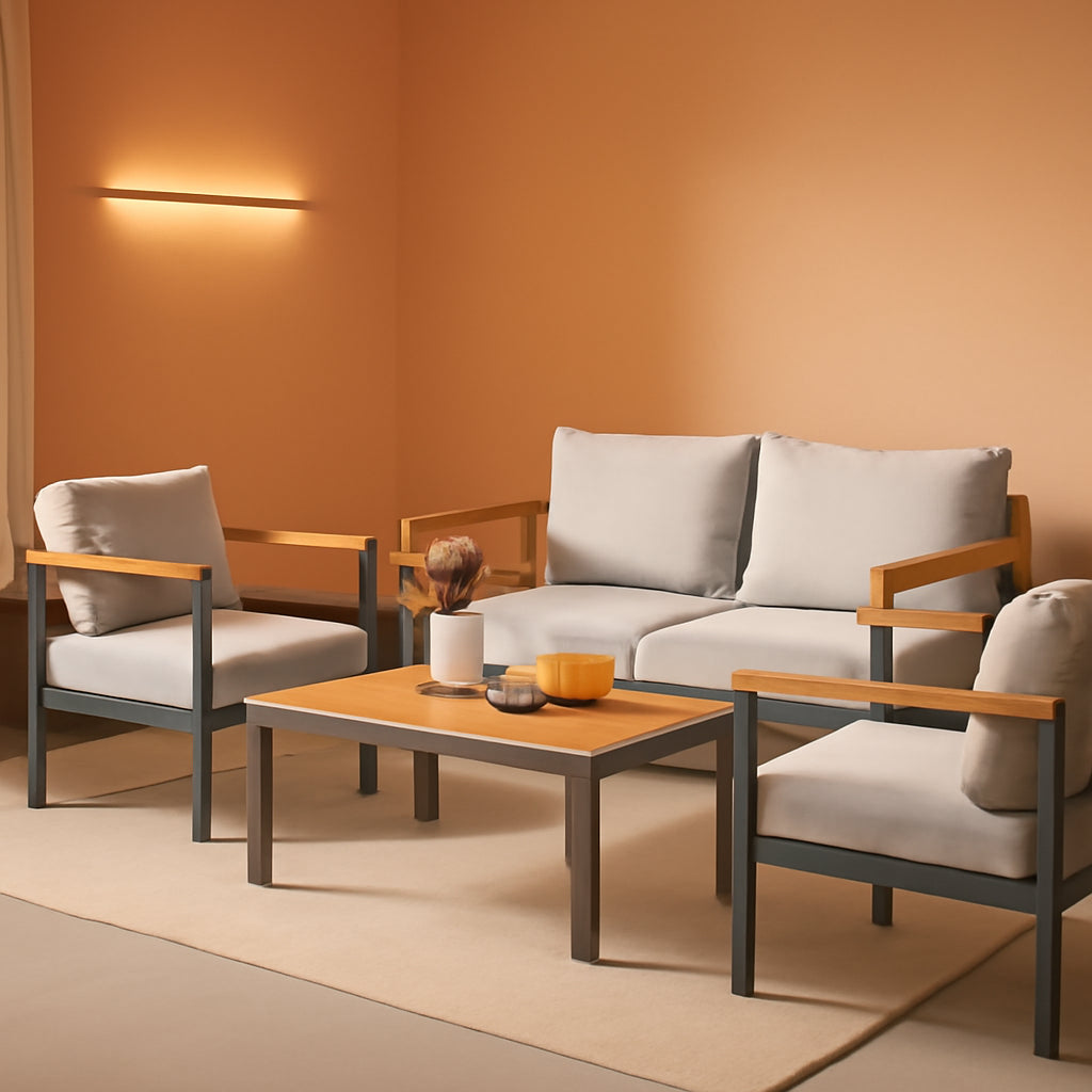 Beige 4 Piece Outdoor Patio Furniture Set With Acacia And Metal Coffee Table