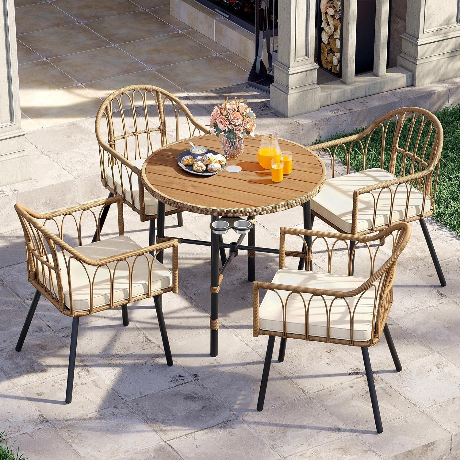 Beige 5 Piece Outdoor Patio Dining Set For Garden Balcony