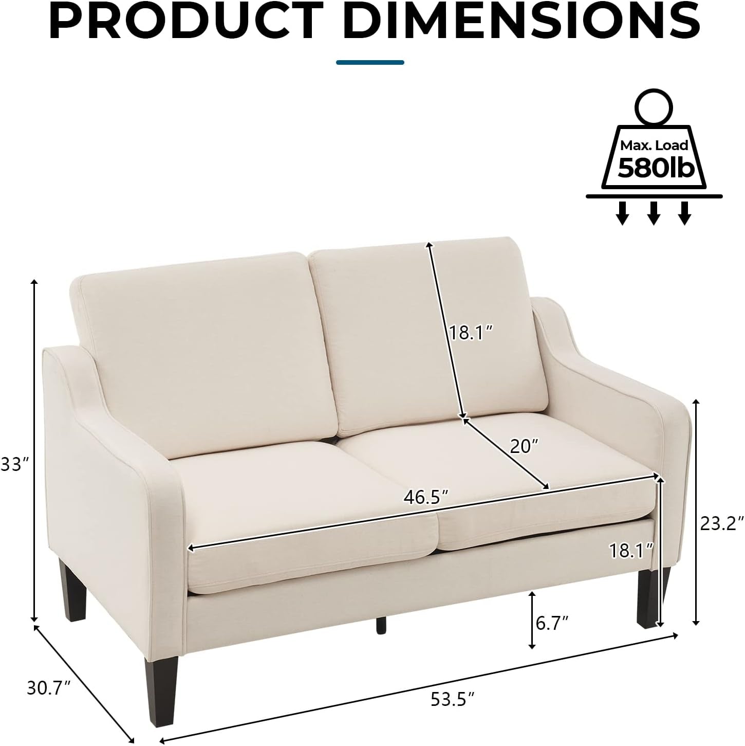 Beige 53 Inch Mid Century Modern Loveseat Space Saving