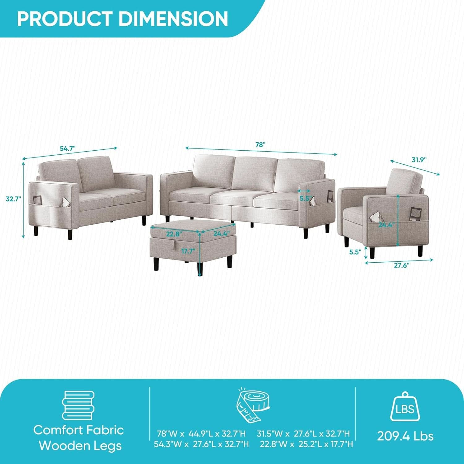Beige 6 Seater Sectional Sofa With Movable Ottoman