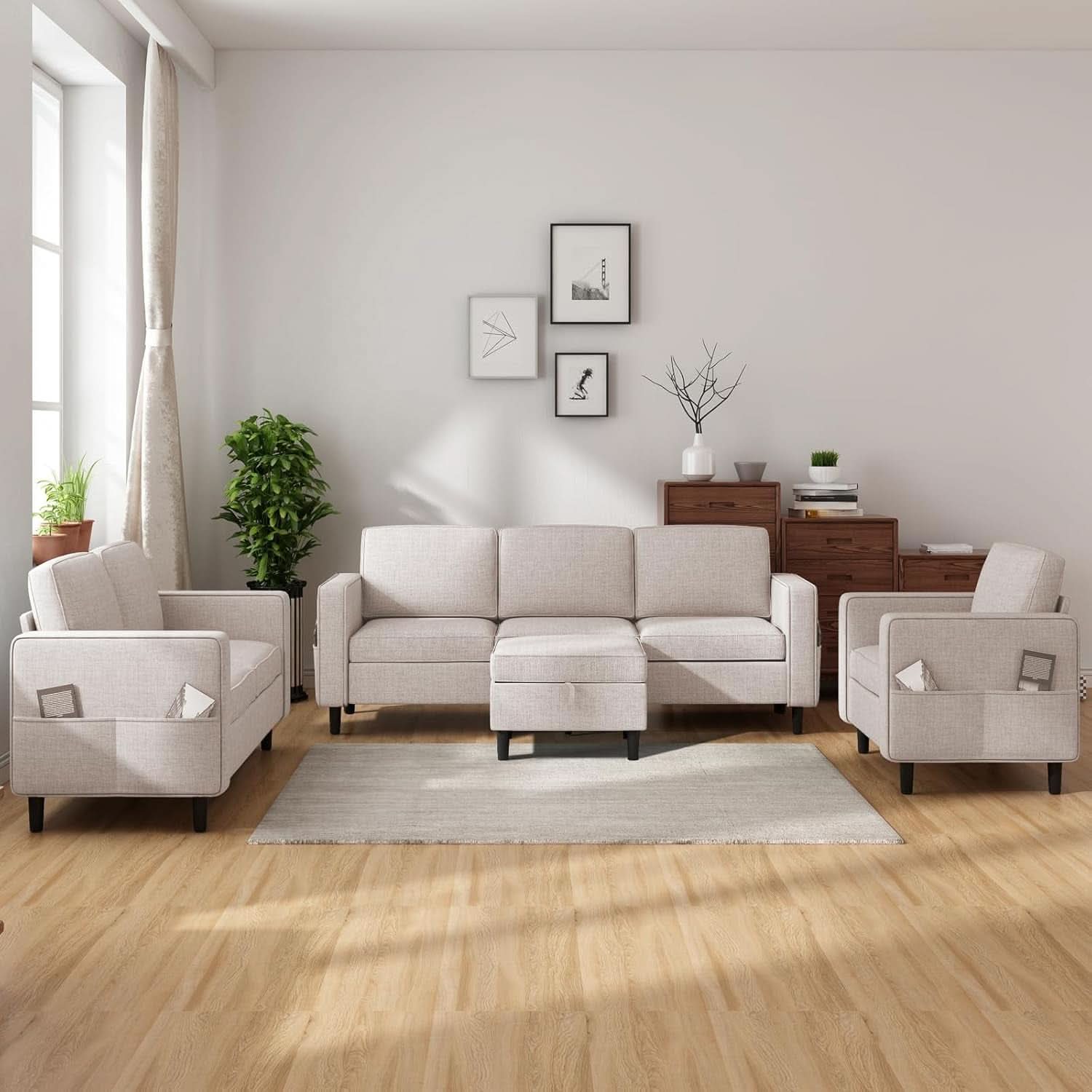 Beige 6 Seater Sectional Sofa With Movable Ottoman