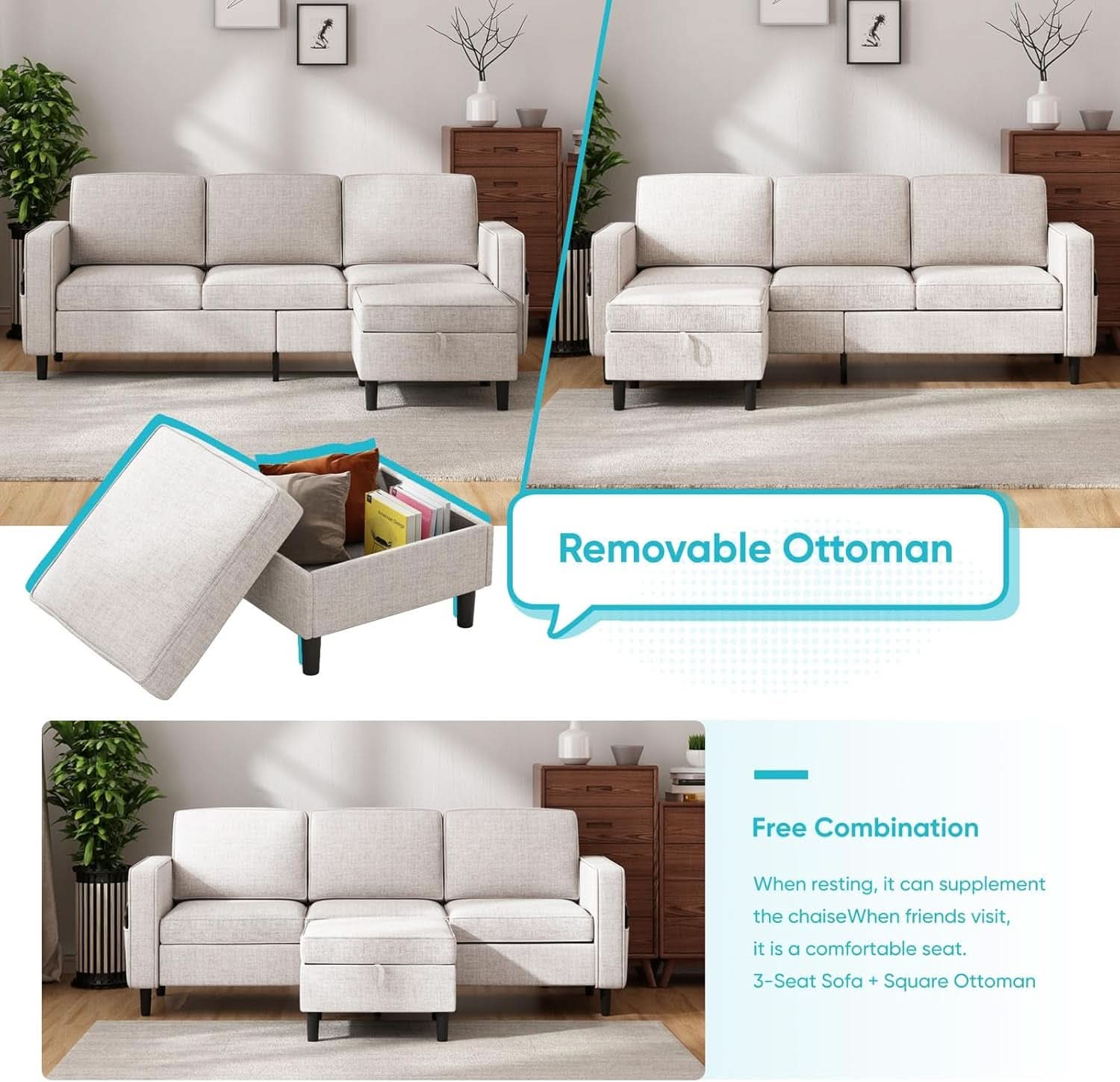 Beige 6 Seater Sectional Sofa With Movable Ottoman