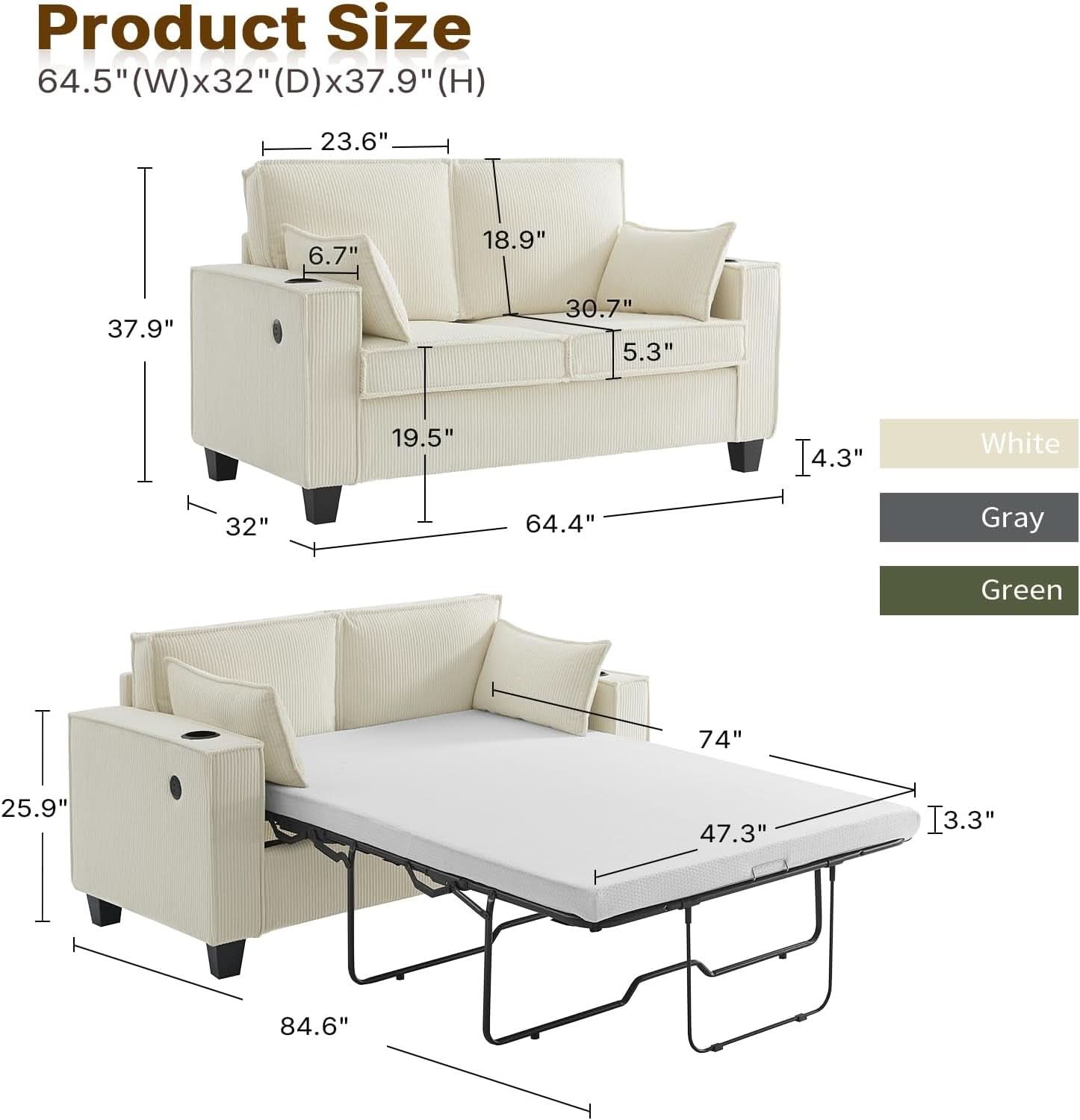 Beige 65-Inch Sleeper Sofa Bed, 2-in-1 Convertible