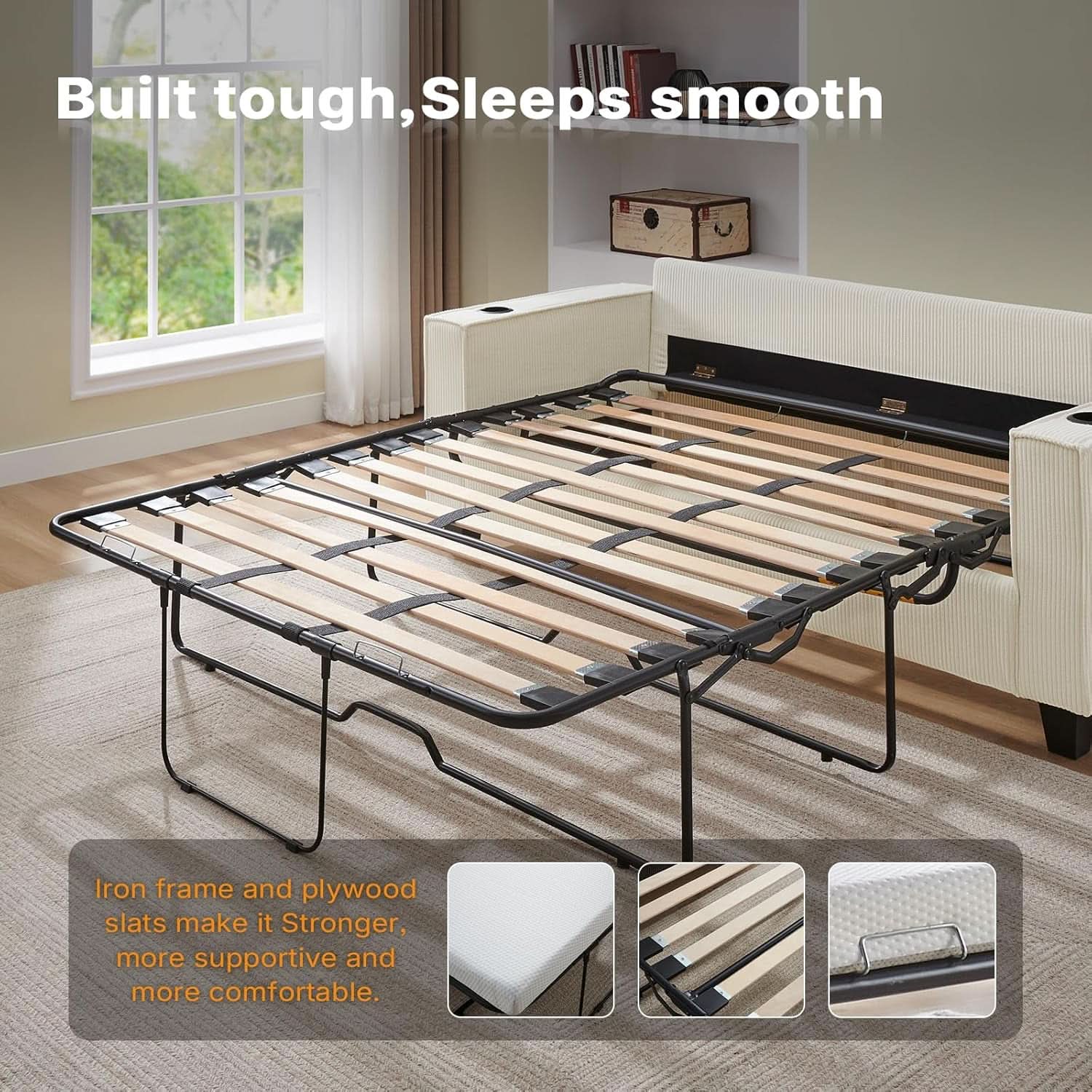 Beige 65-Inch Sleeper Sofa Bed, 2-in-1 Convertible
