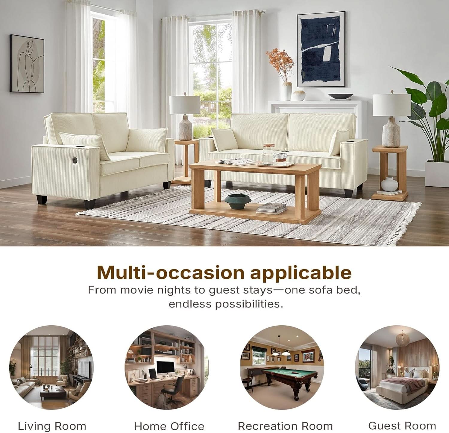 Beige 65-Inch Sleeper Sofa Bed, 2-in-1 Convertible