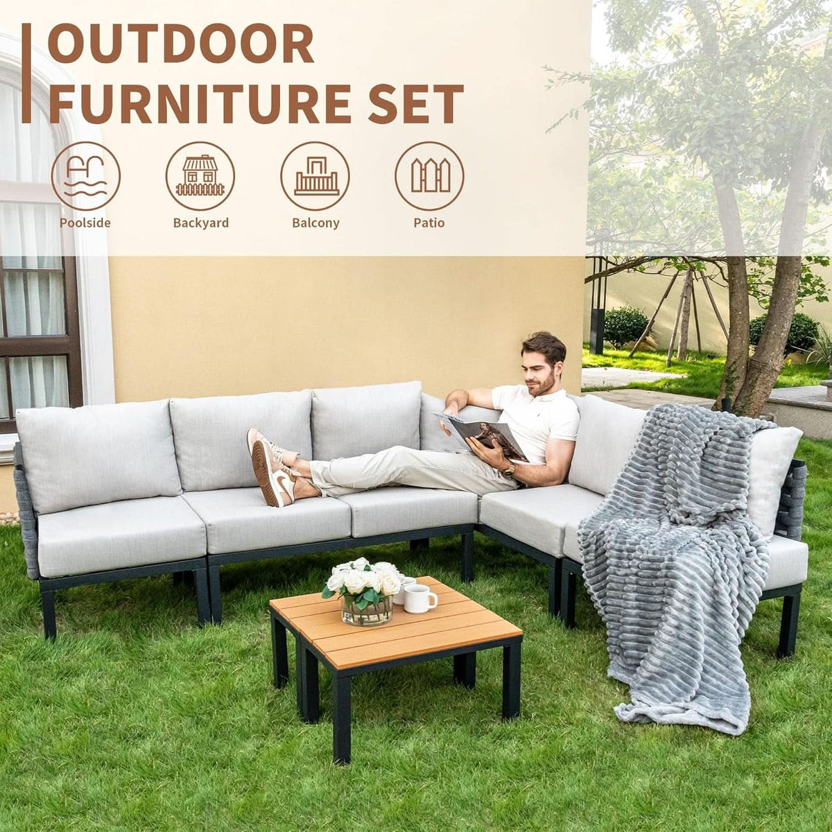 Beige 8 Piece Patio Furniture Set With Thick Cushions