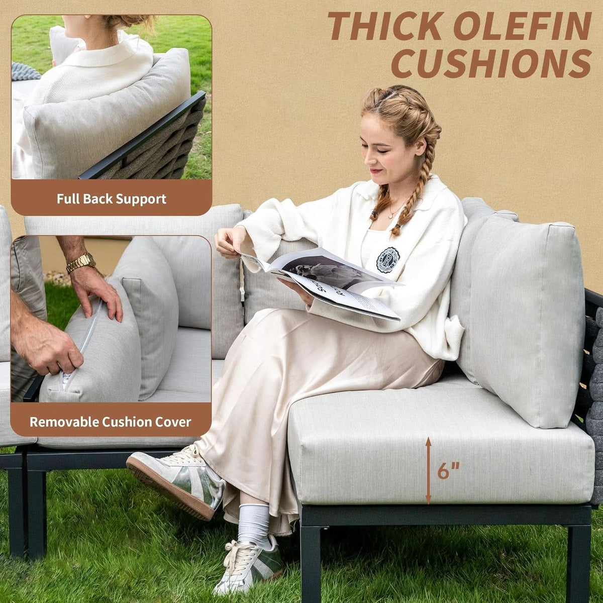 Beige 8 Piece Patio Furniture Set With Thick Cushions