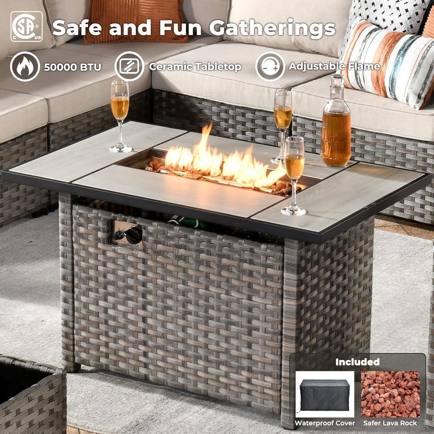Beige 9 Piece Patio Set With Modular Sectional And Fire Pit