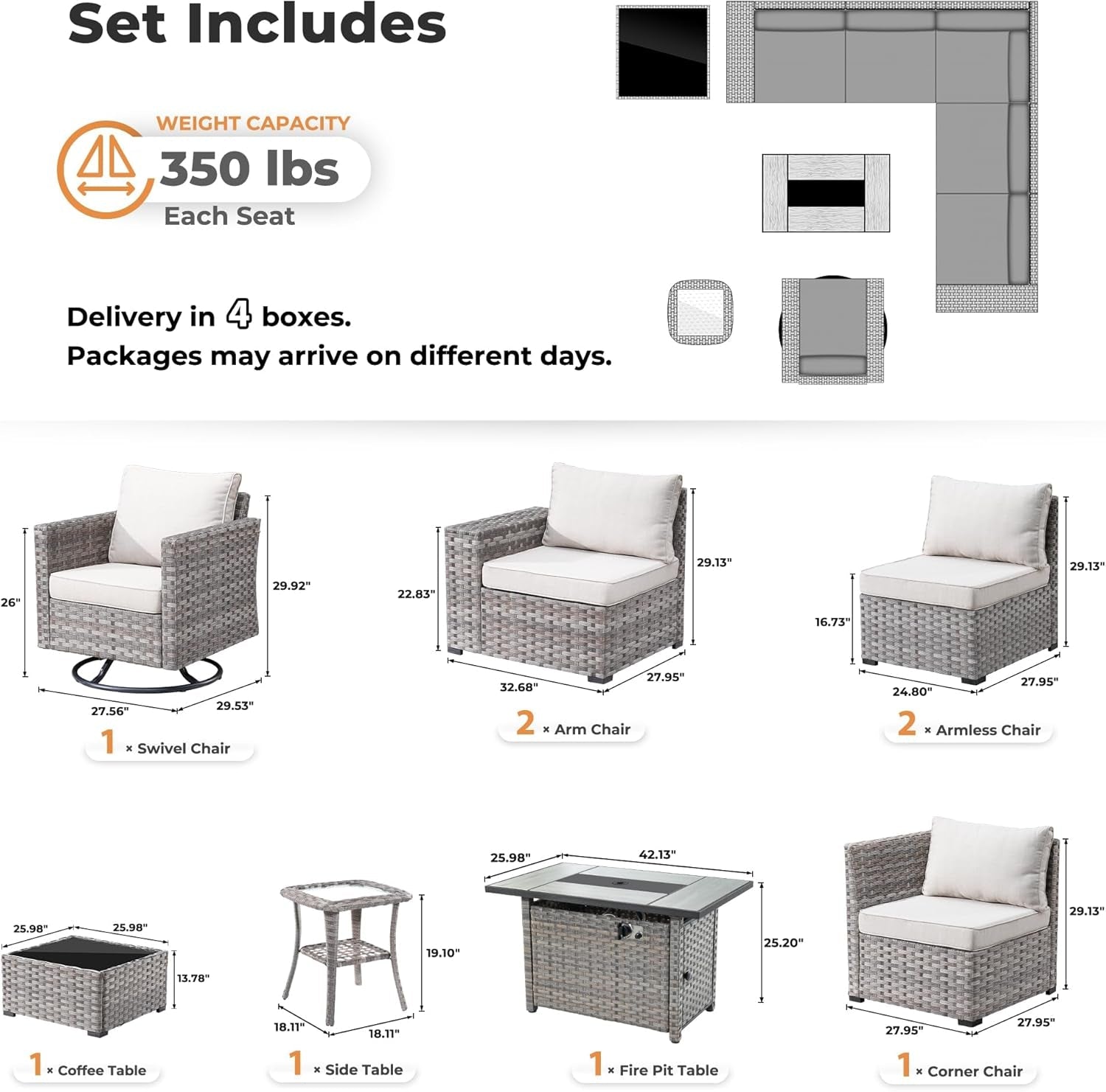 Beige 9 Piece Patio Set With Modular Sectional And Fire Pit
