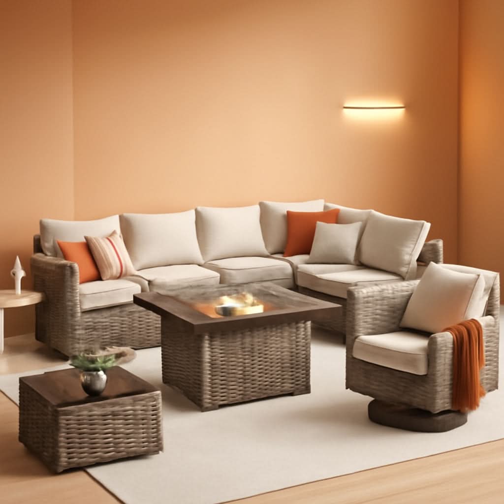 Beige 9 Piece Patio Set With Modular Sectional And Fire Pit