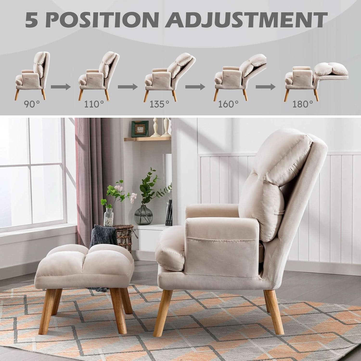 Beige Accent Chair With Ottoman Adjustable Backrest