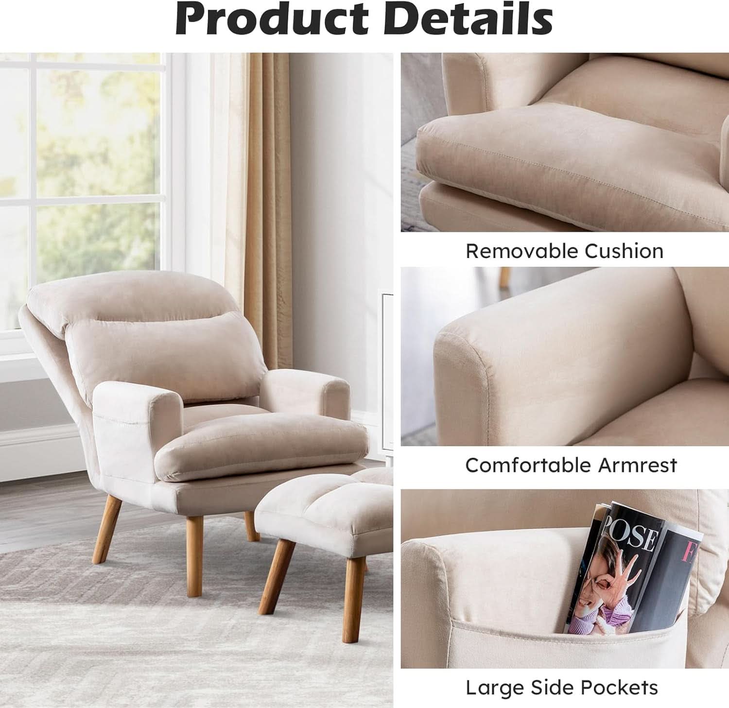 Beige Accent Chair With Ottoman Adjustable Backrest