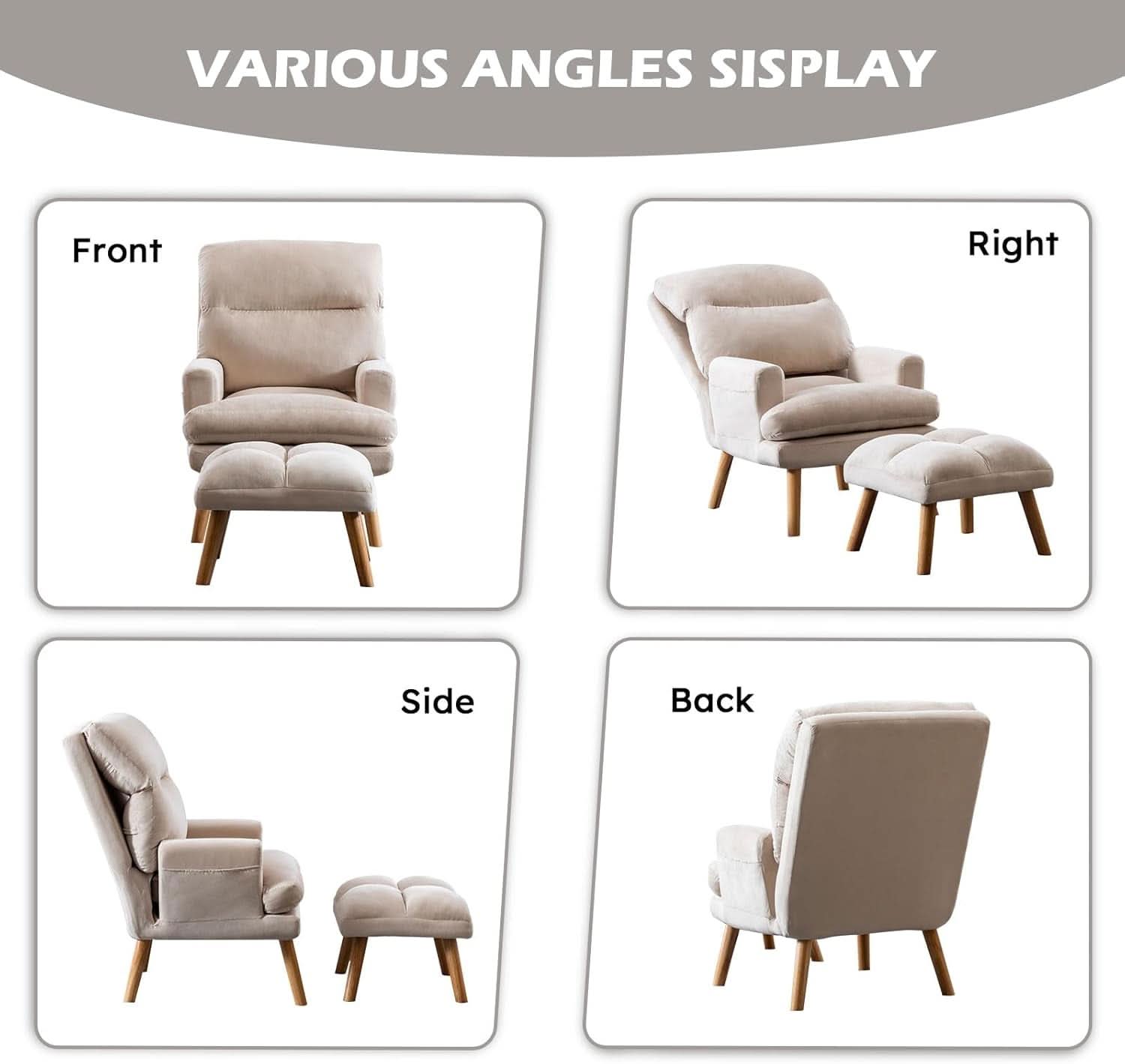 Beige Accent Chair With Ottoman Adjustable Backrest