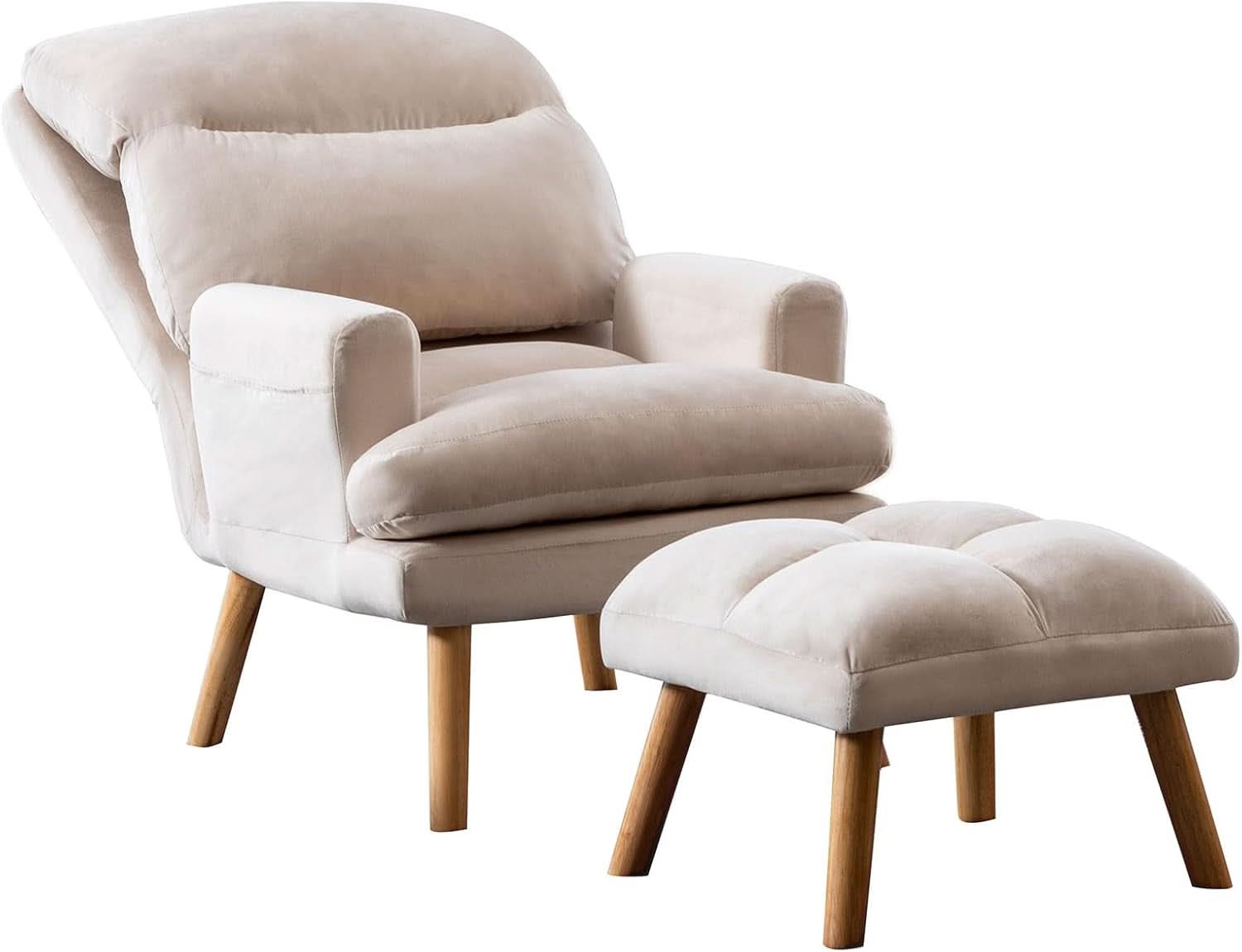 Beige Accent Chair With Ottoman Adjustable Backrest