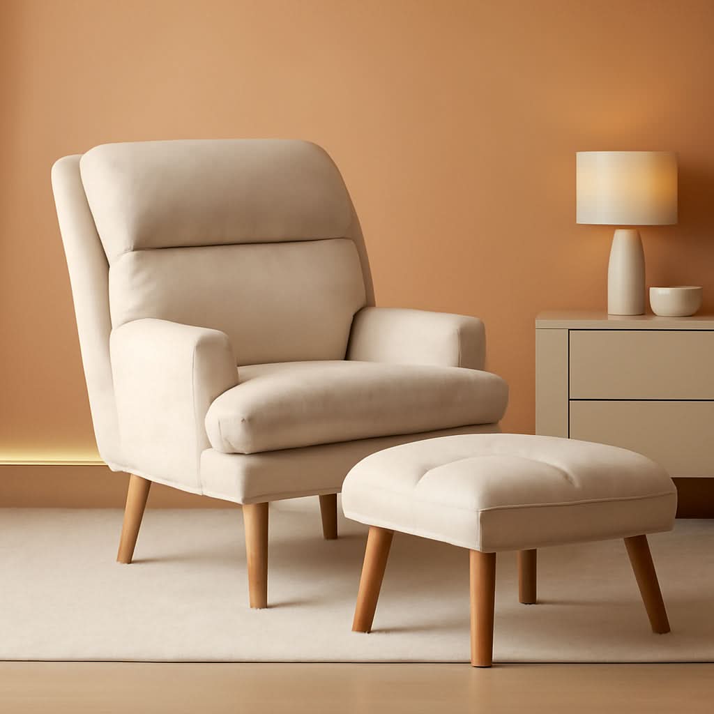 Beige Accent Chair With Ottoman Adjustable Backrest