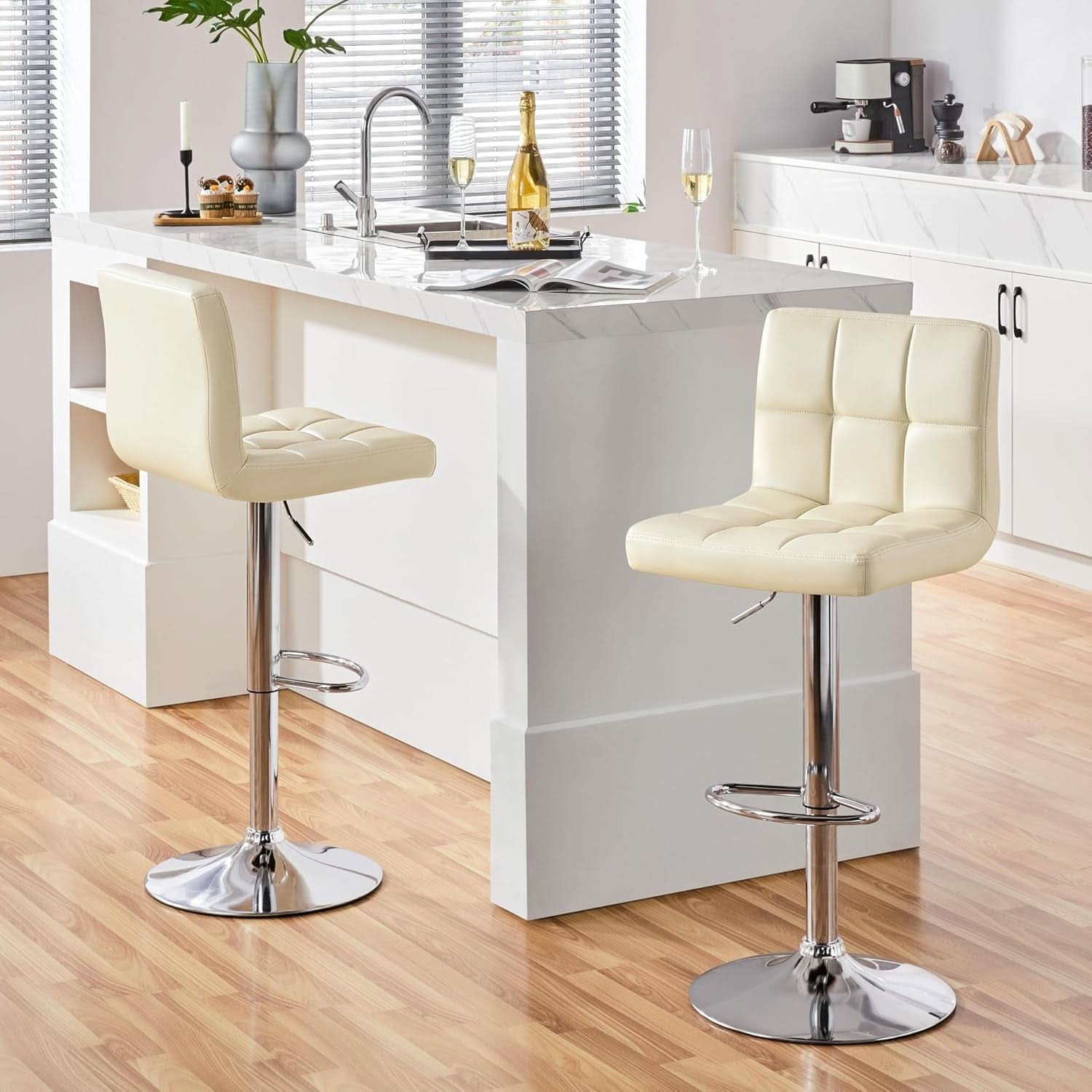 Beige Adjustable PU Leather Swivel Bar Stools Set Of 2