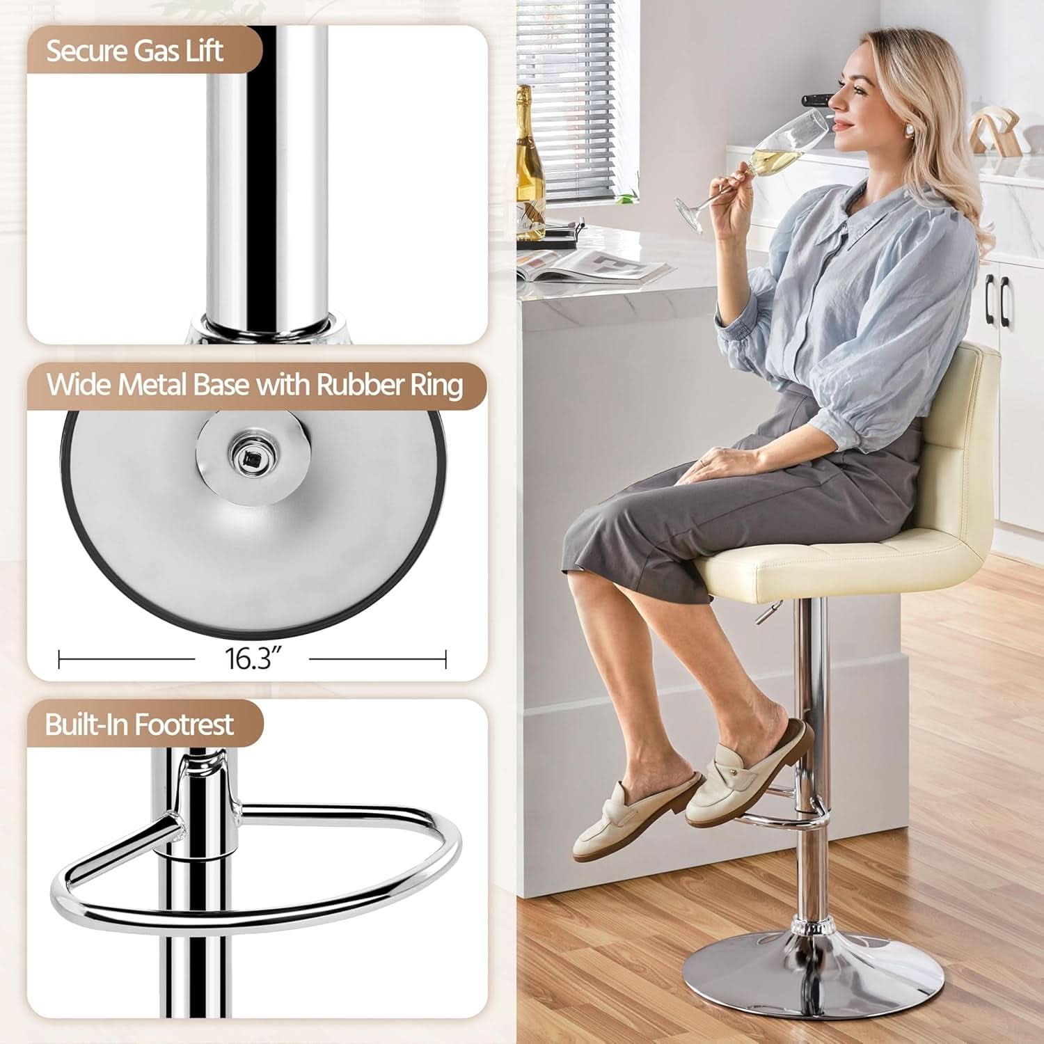 Beige Adjustable PU Leather Swivel Bar Stools Set Of 2