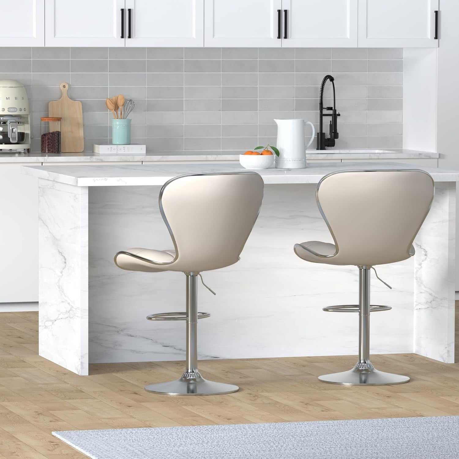 Beige Adjustable Swivel Bar Stools Set Of 3 For Kitchen