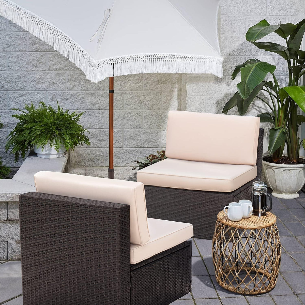 Beige All Weather Outdoor Sectional Sofa Set 2 Piece Patio Furniture Durable PE Wicker Weatherproof