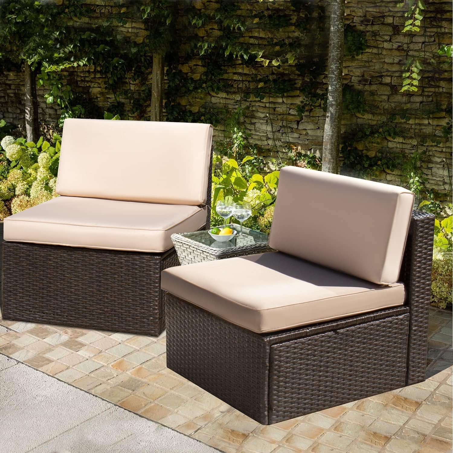 Beige All Weather Outdoor Sectional Sofa Set 2 Piece Patio Furniture Durable PE Wicker Weatherproof