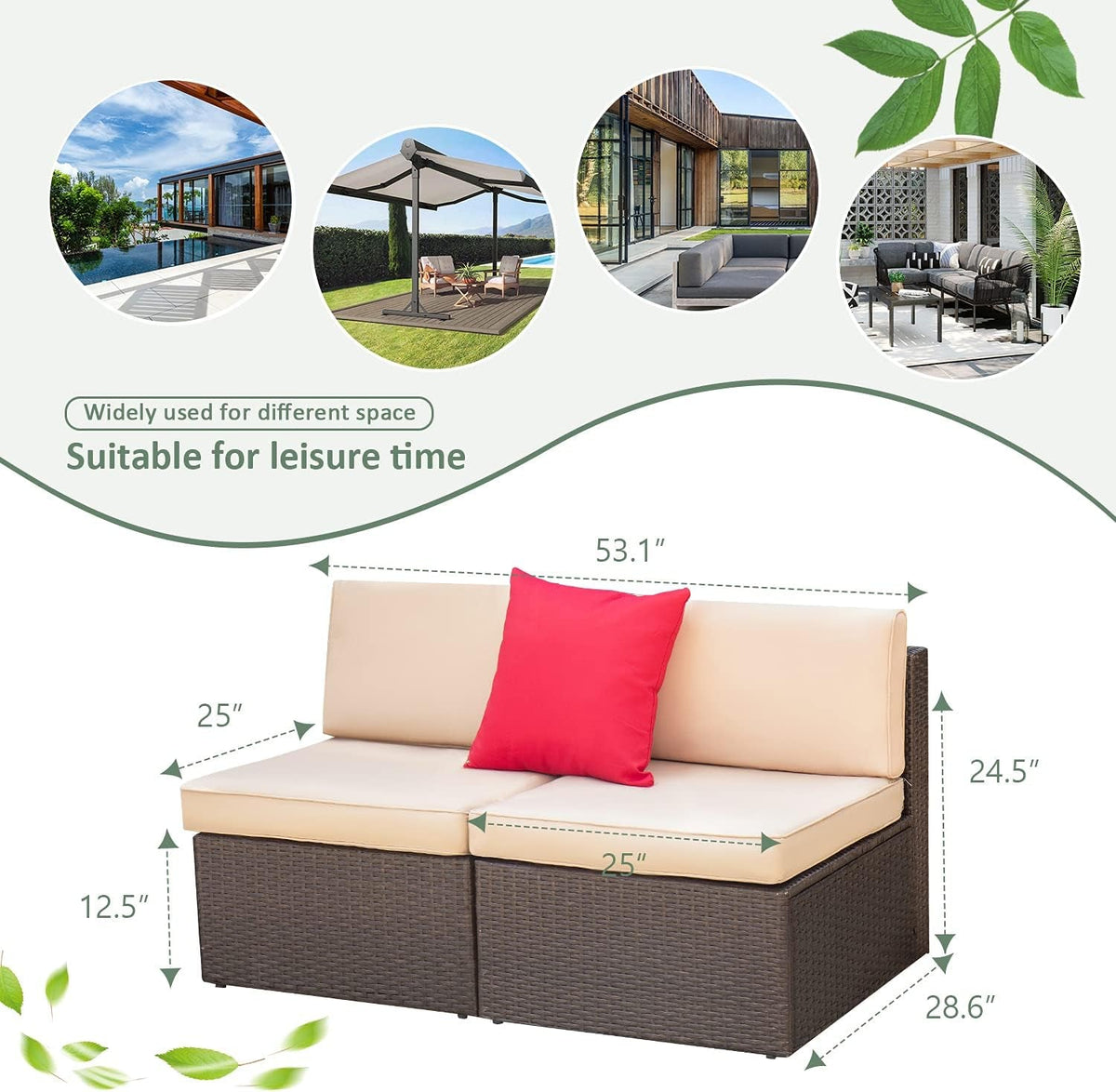 Beige All Weather Outdoor Sectional Sofa Set 2 Piece Patio Furniture Durable PE Wicker Weatherproof