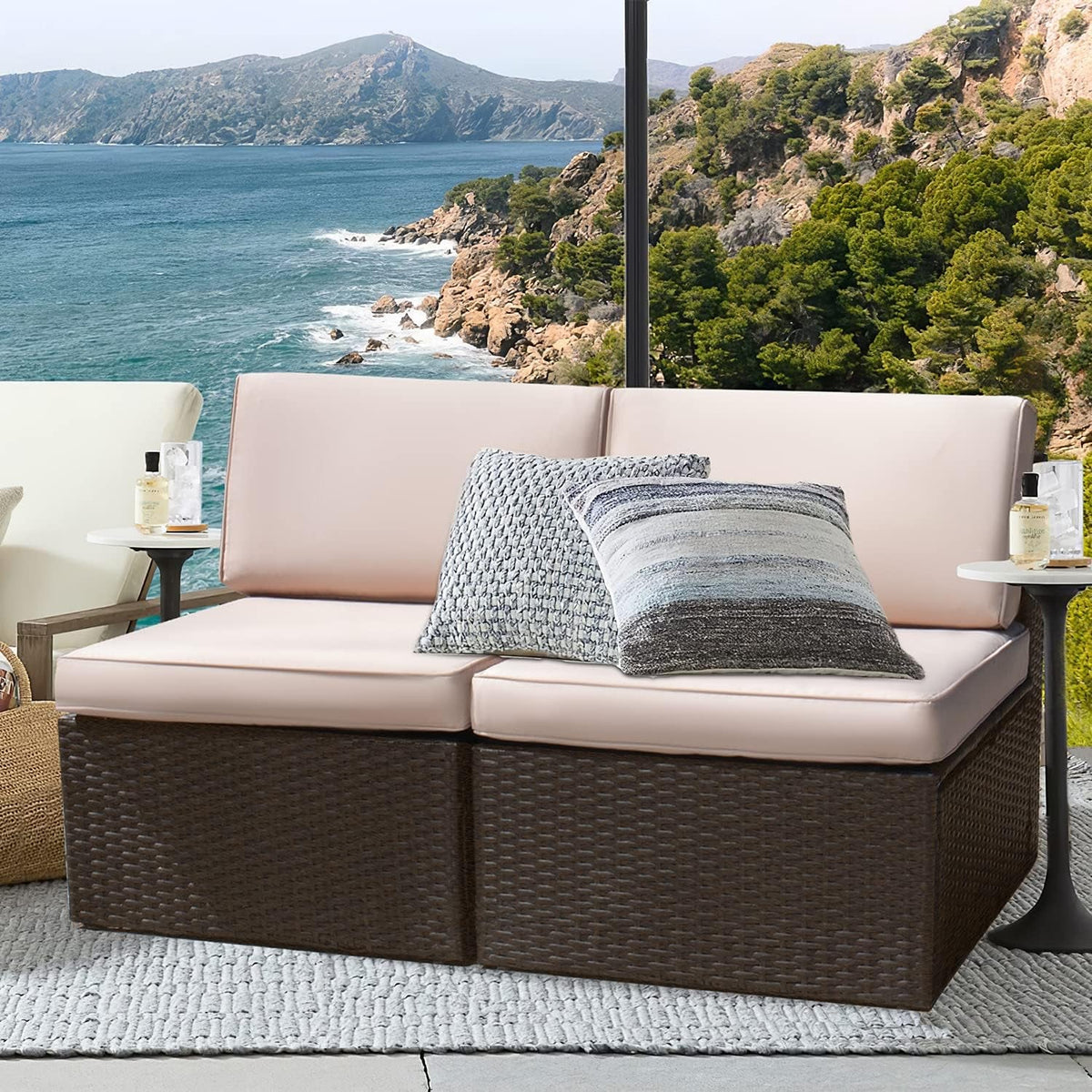 Beige All Weather Outdoor Sectional Sofa Set 2 Piece Patio Furniture Durable PE Wicker Weatherproof