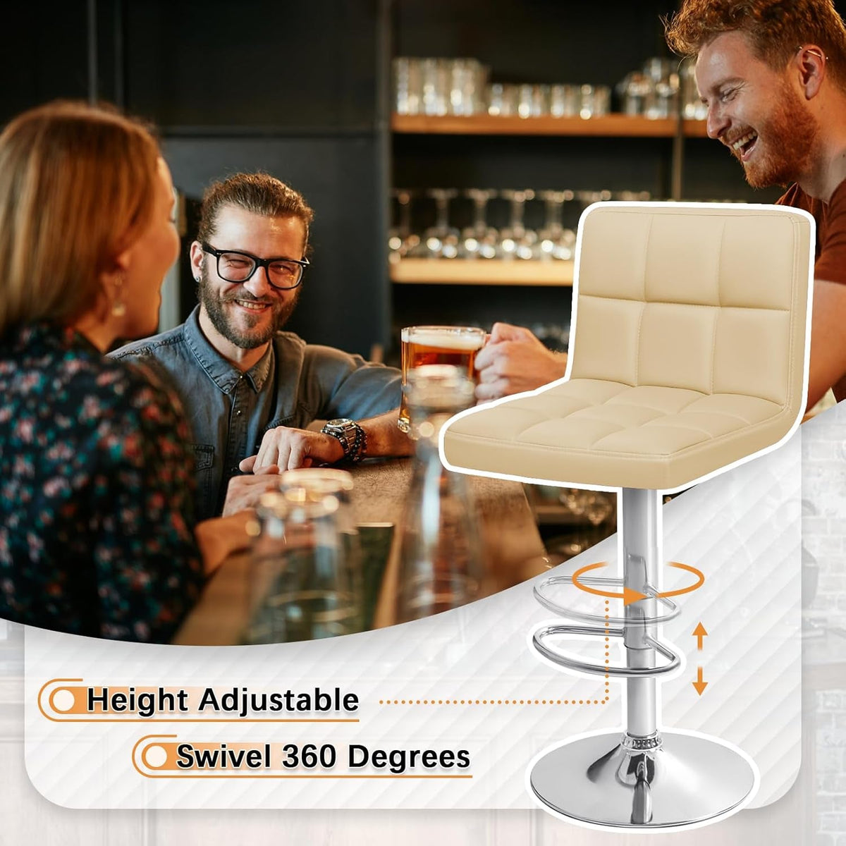Beige Bar Stools With Swivel Height Adjustment Set Of 2