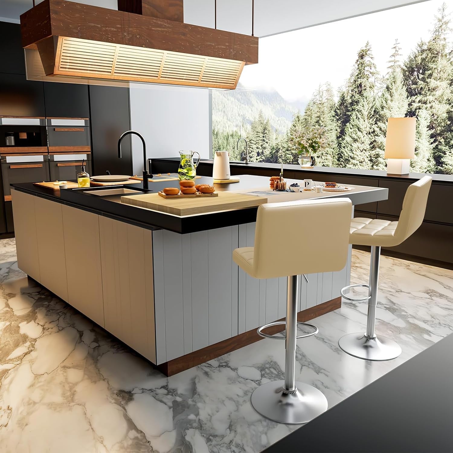 Beige Bar Stools With Swivel Height Adjustment Set Of 2