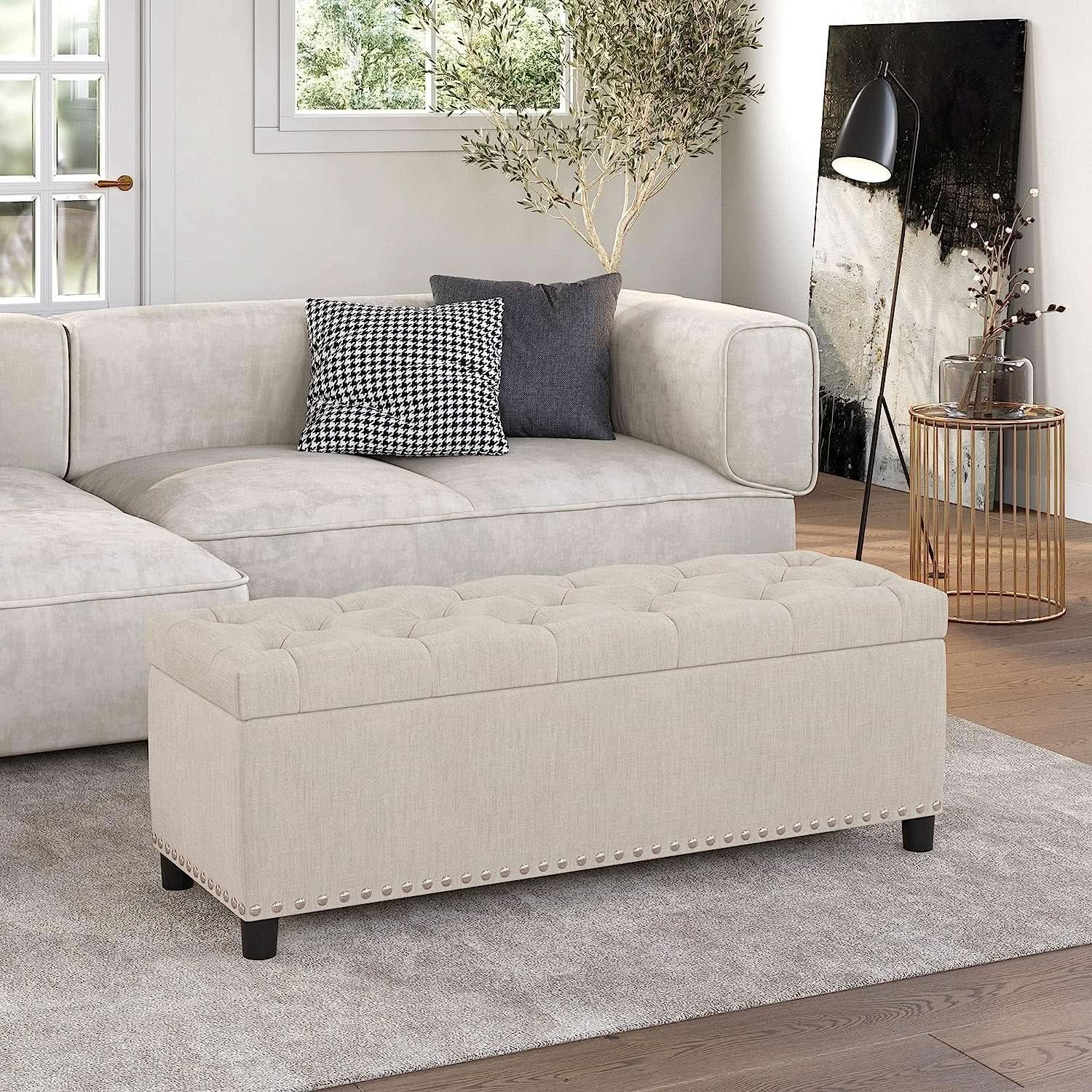Beige Button Tufted Storage Ottoman For Living Room