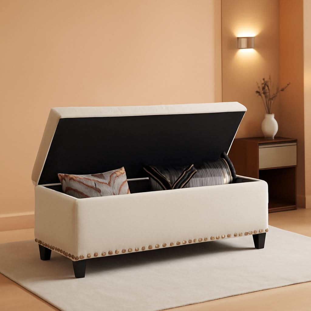 Beige Button Tufted Storage Ottoman For Living Room