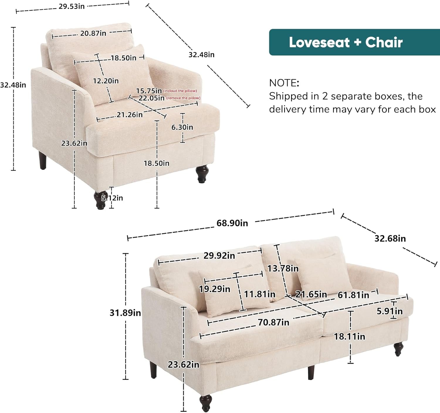 Beige Chenille 2 Piece Living Room Furniture Set Loveseat And Accent Chair Mid Century Modern