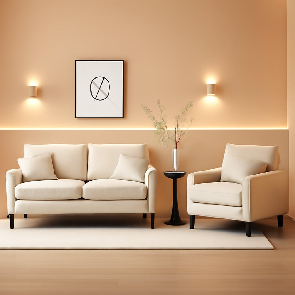 Beige Chenille 2 Piece Living Room Furniture Set Loveseat And Accent Chair Mid Century Modern