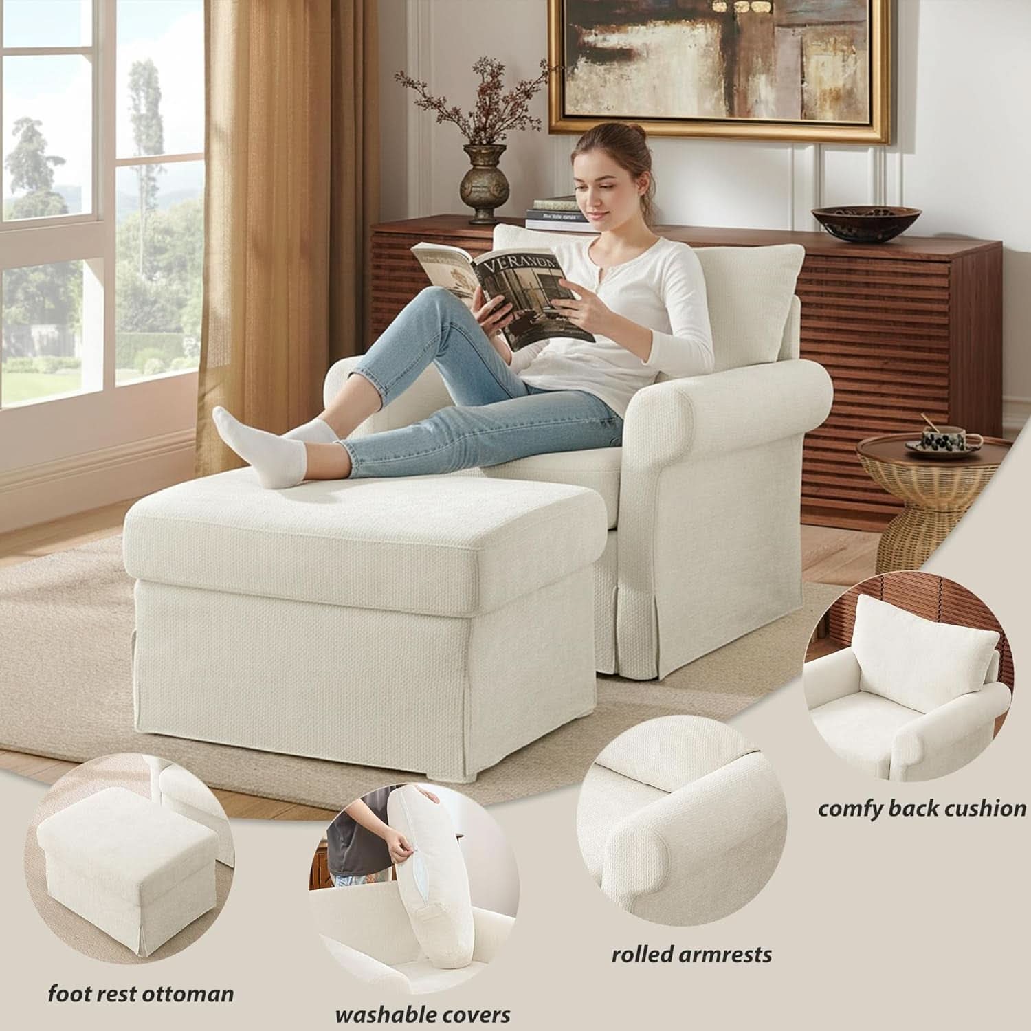 Beige Chenille Contemporary Ottoman Reading Chair Set
