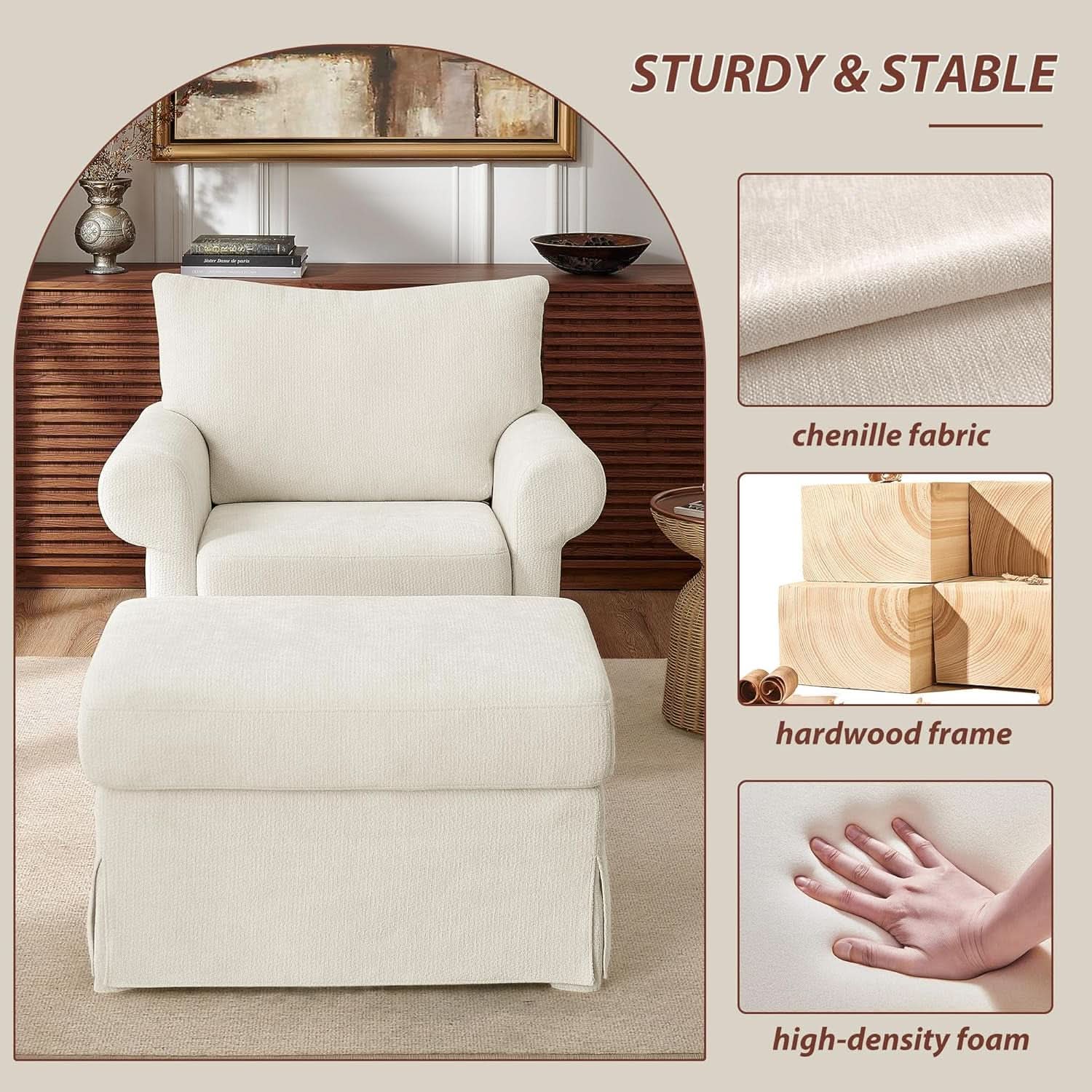 Beige Chenille Contemporary Ottoman Reading Chair Set