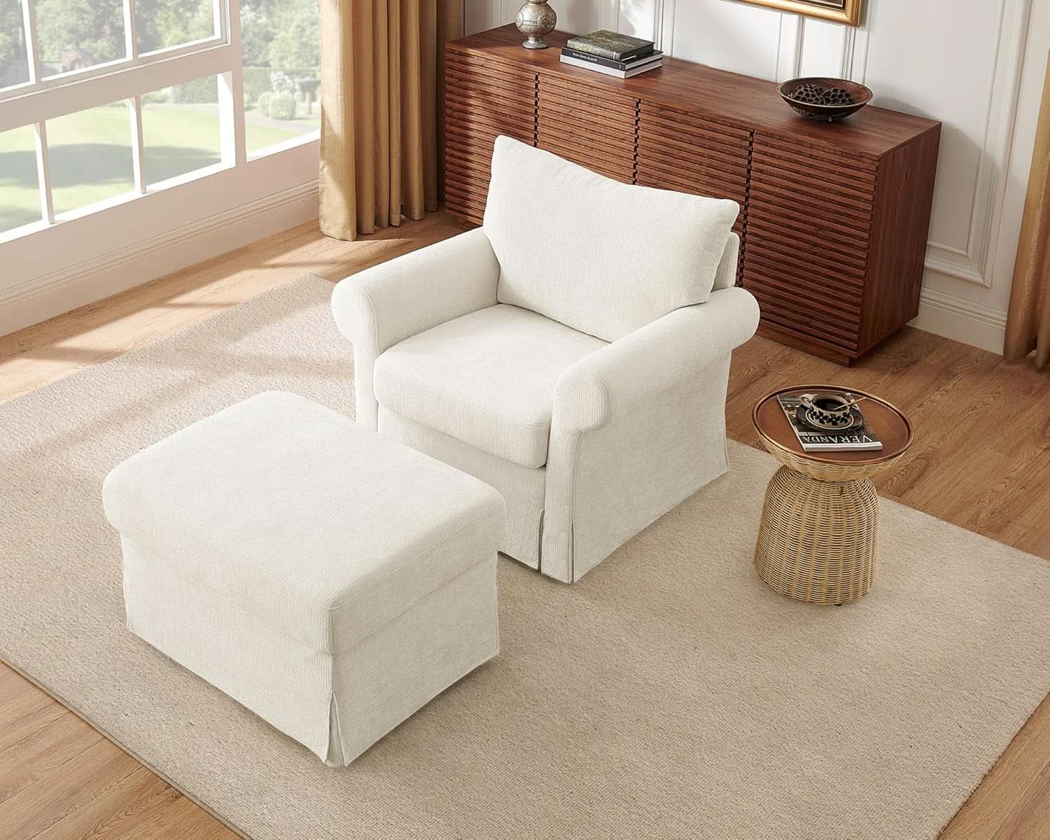 Beige Chenille Contemporary Ottoman Reading Chair Set