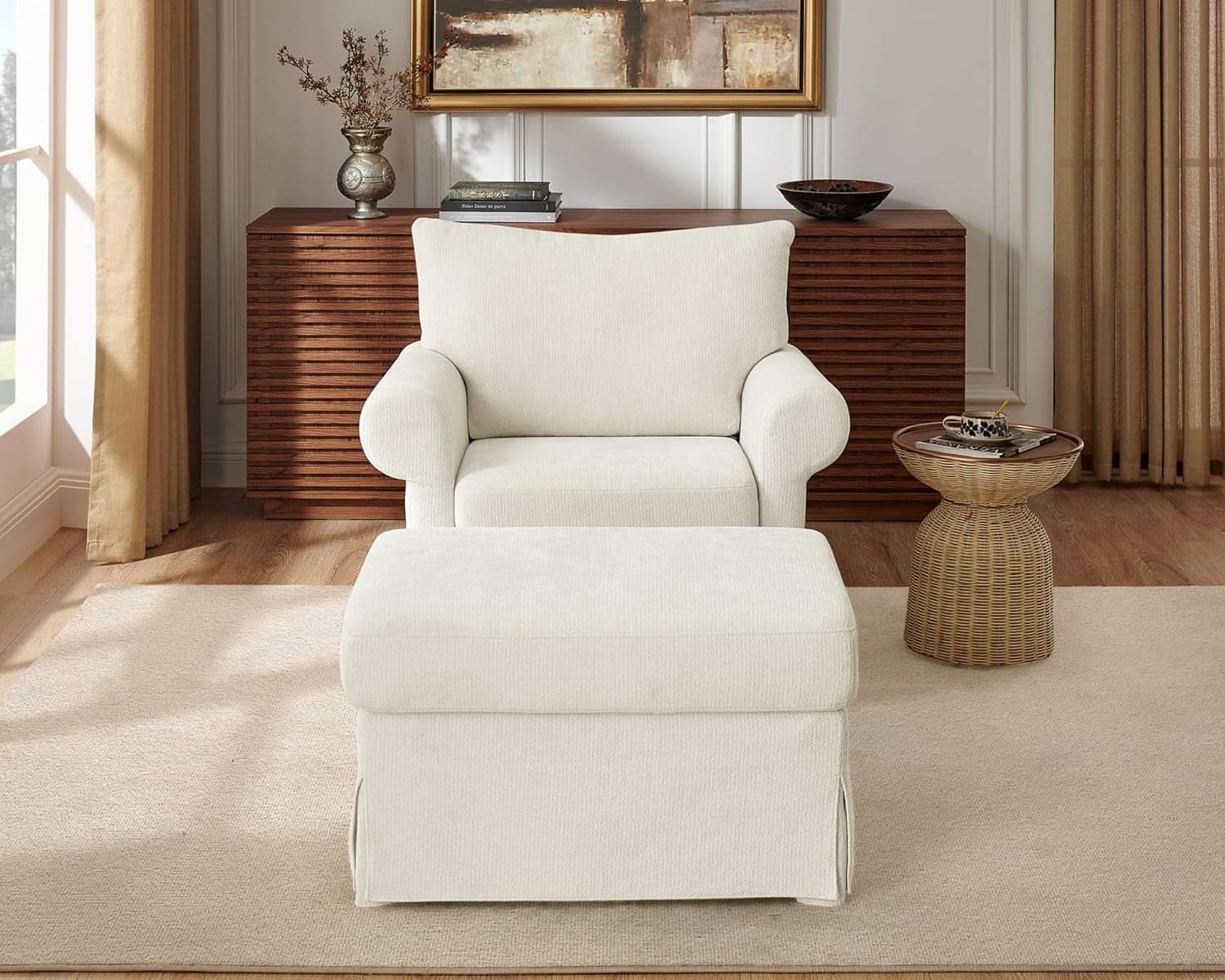 Beige Chenille Contemporary Ottoman Reading Chair Set