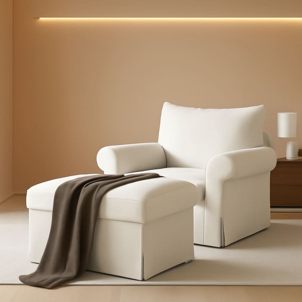Beige Chenille Contemporary Ottoman Reading Chair Set