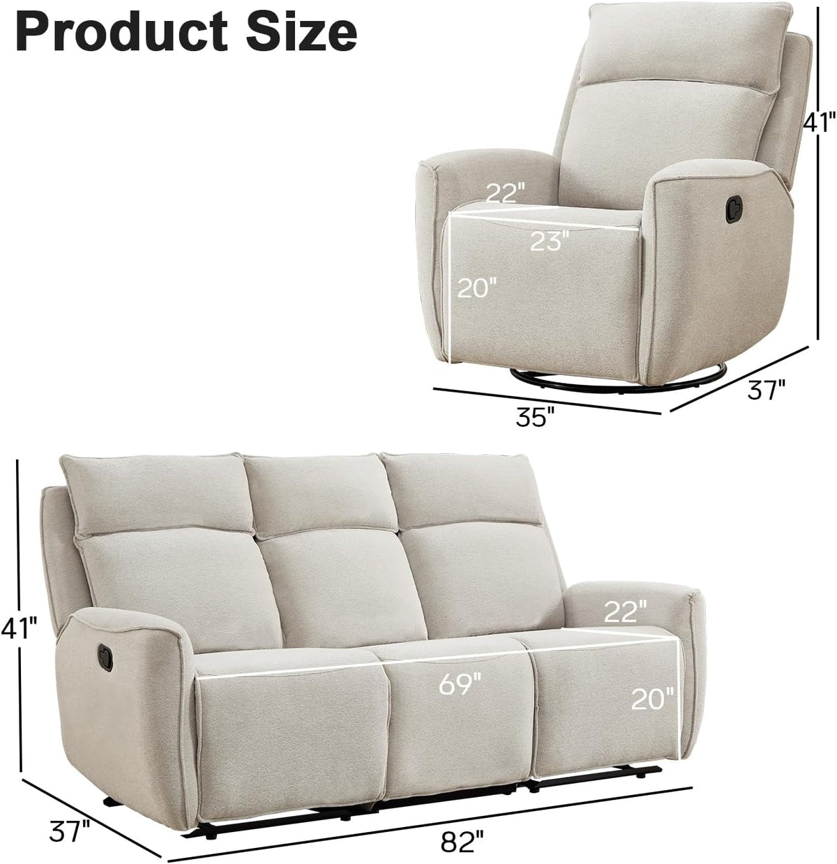 Beige Chenille Manual Recliner Sofa Set Three Seat