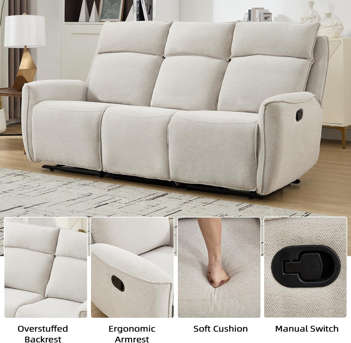 Beige Chenille Manual Recliner Sofa Set Three Seat