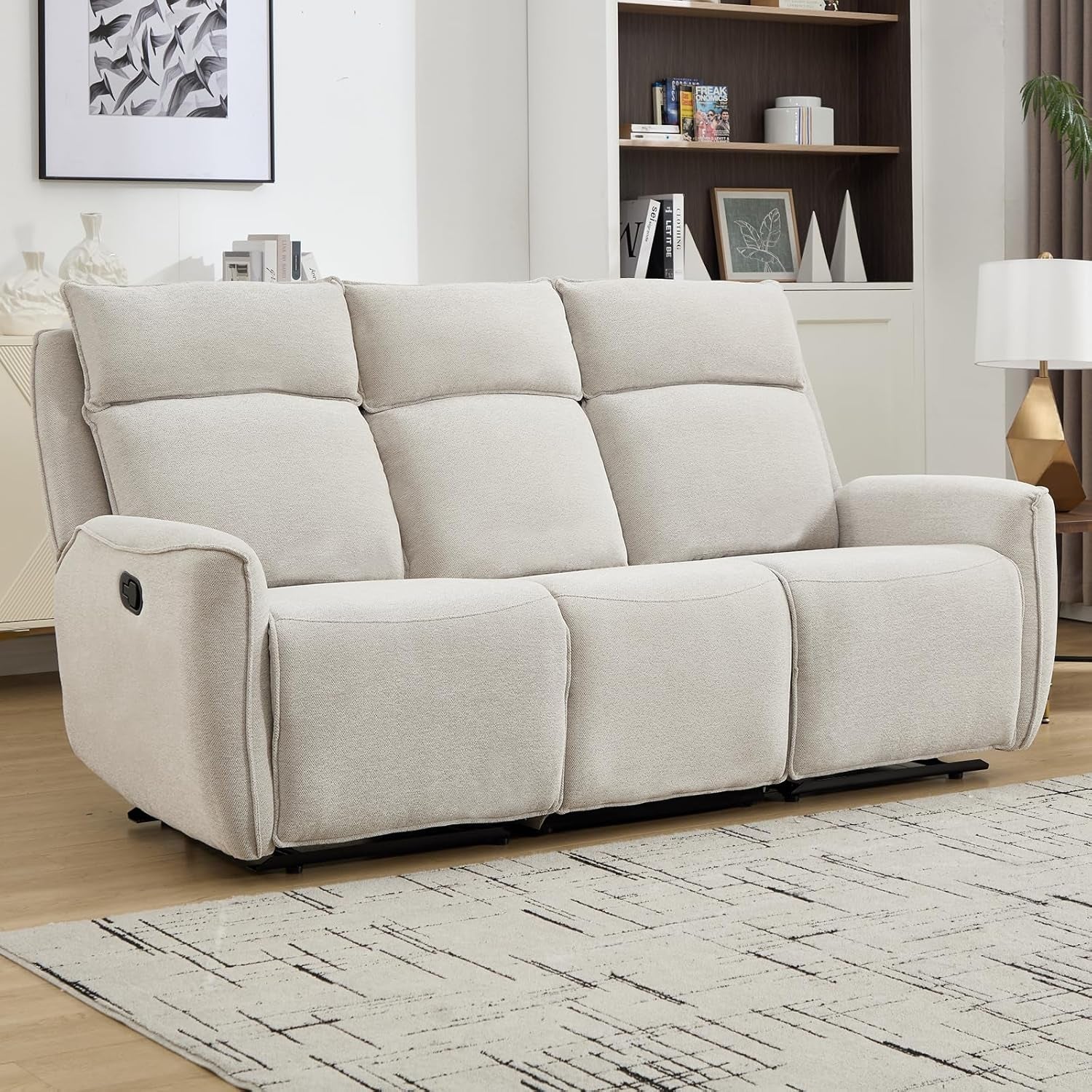 Beige Chenille Manual Recliner Sofa Set Three Seat