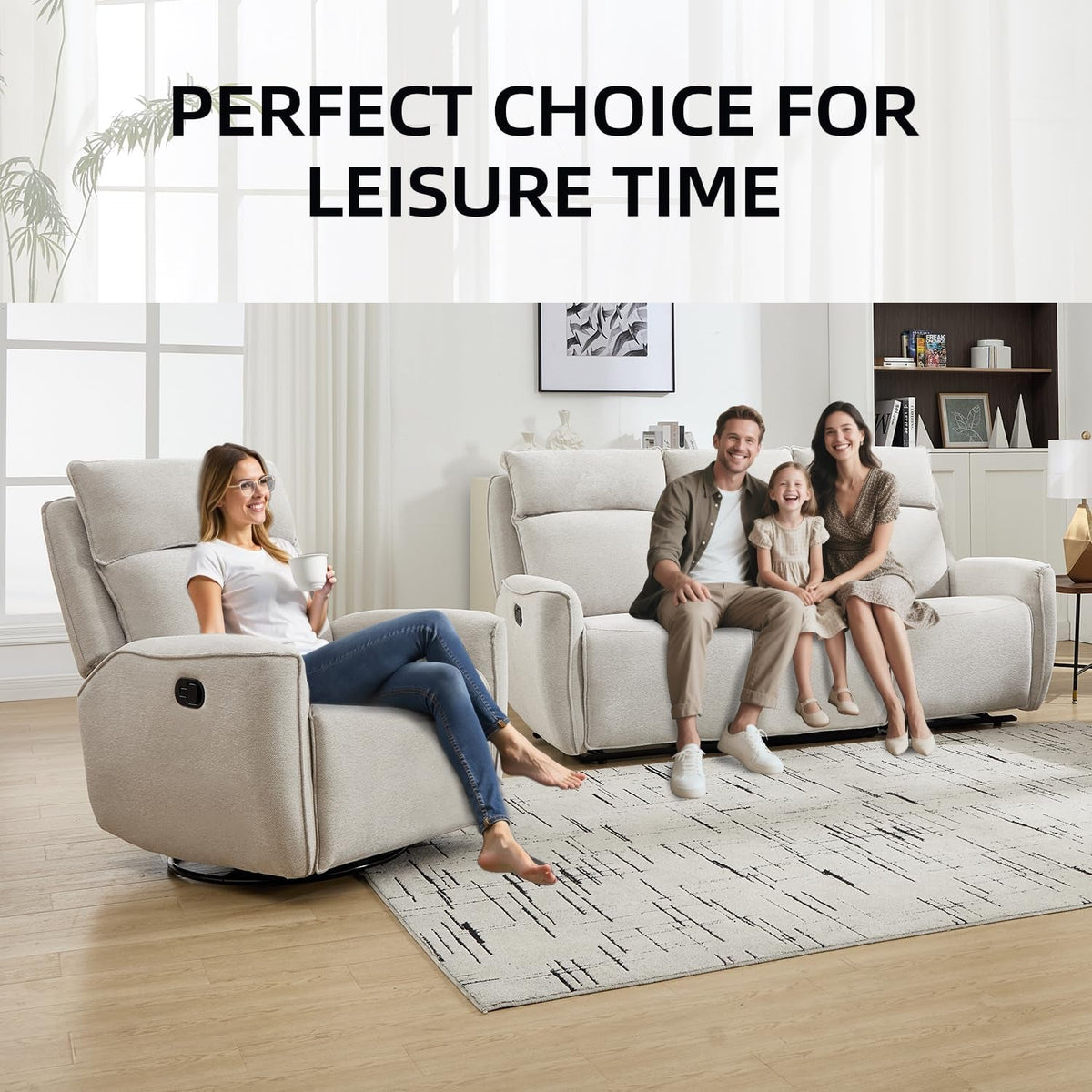 Beige Chenille Manual Recliner Sofa Set Three Seat