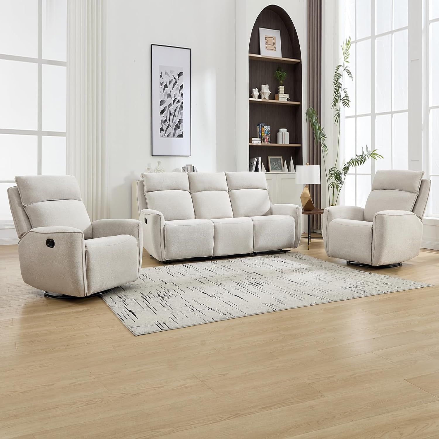 Beige Chenille Manual Recliner Sofa Set Three Seat