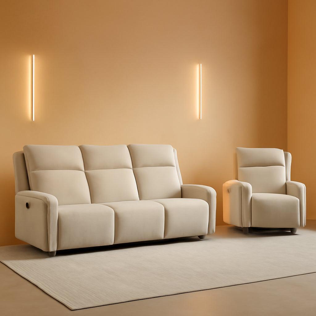 Beige Chenille Manual Recliner Sofa Set Three Seat