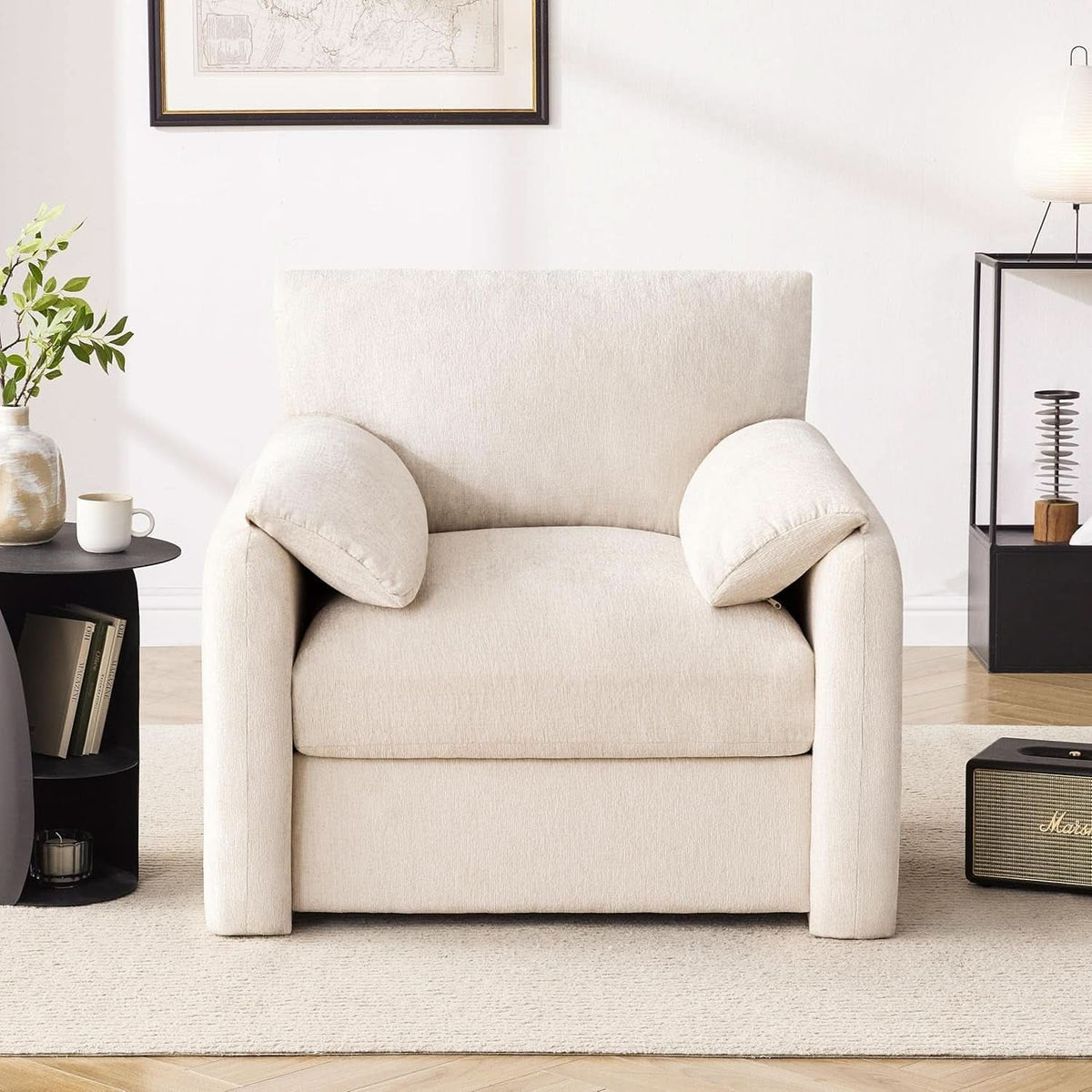 Beige Chenille Oversized Armchair With Arched Back