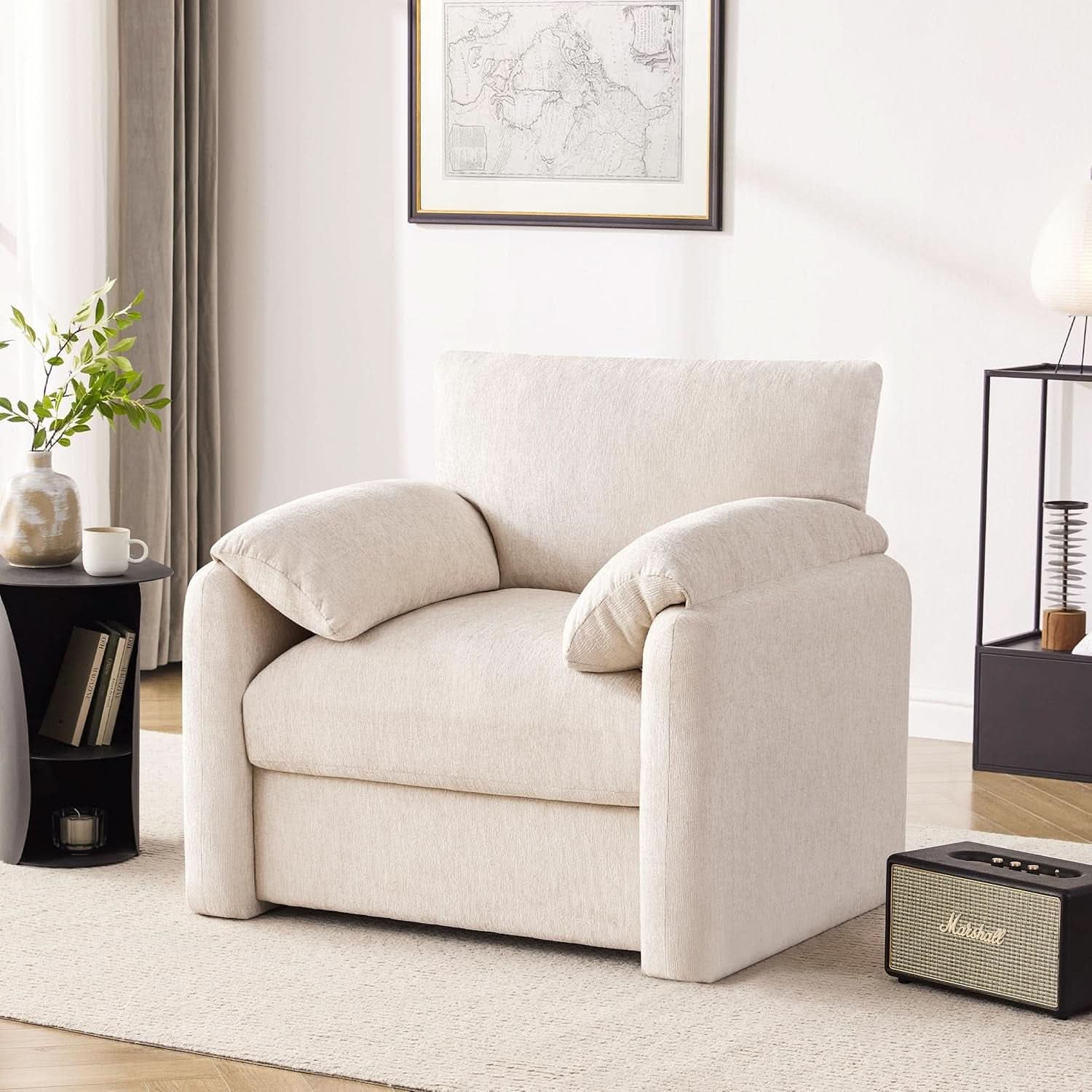 Beige Chenille Oversized Armchair With Arched Back