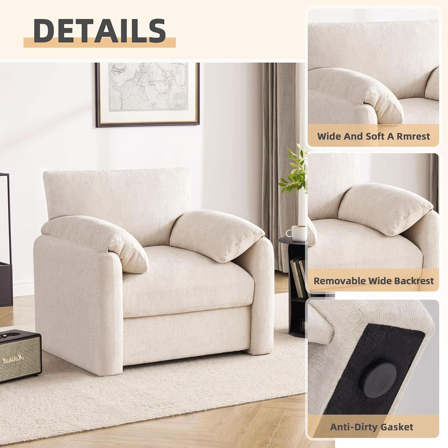 Beige Chenille Oversized Armchair With Arched Back