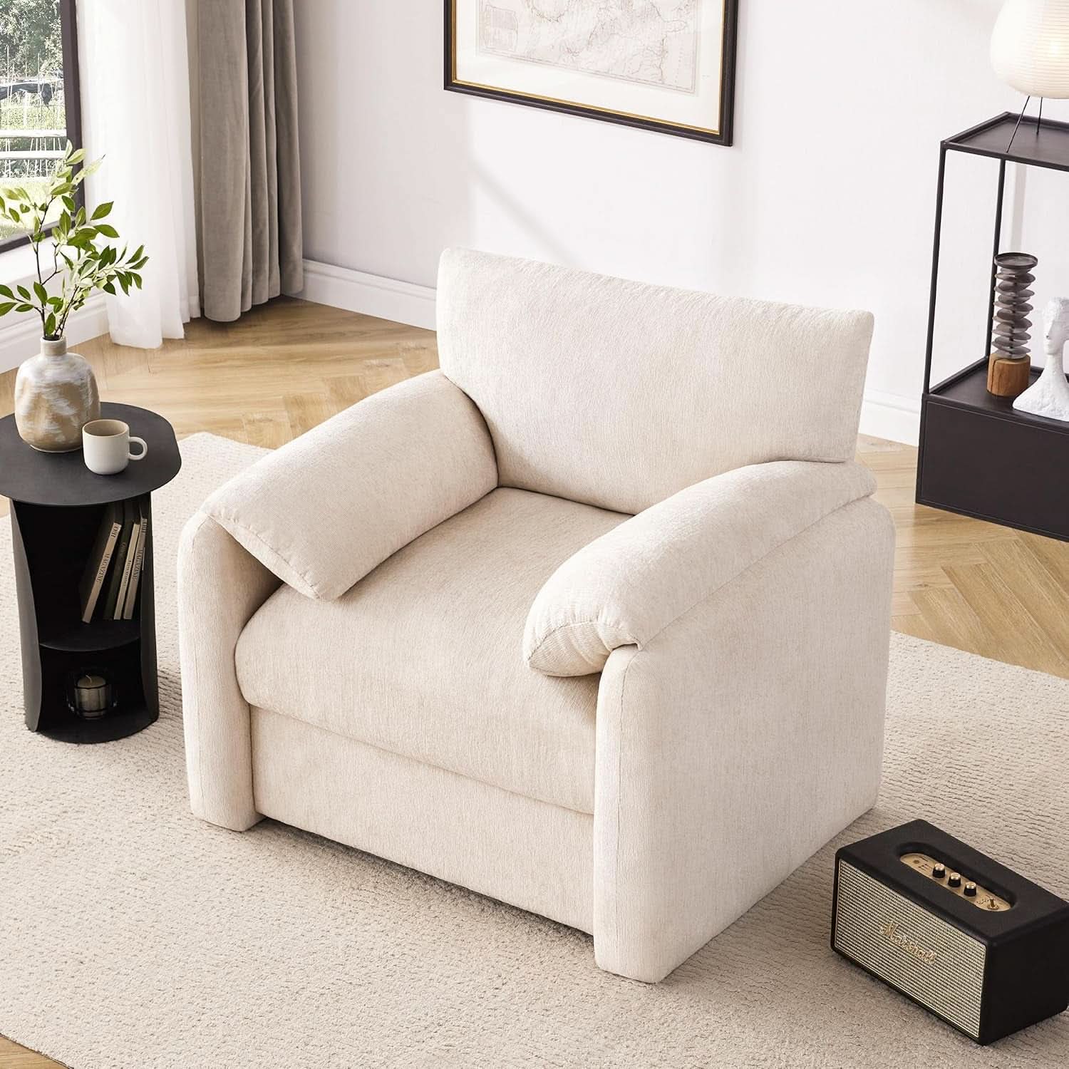 Beige Chenille Oversized Armchair With Arched Back