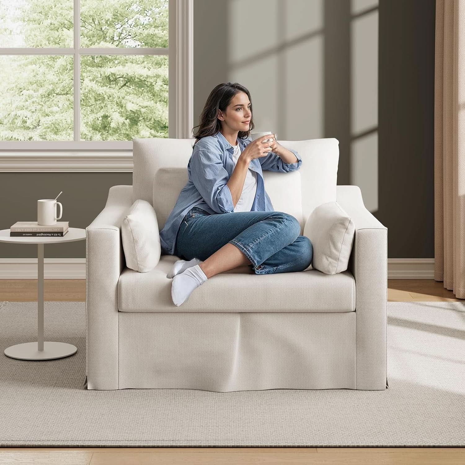 Beige Chenille Slipcovered 42 Inches Wide Armchair